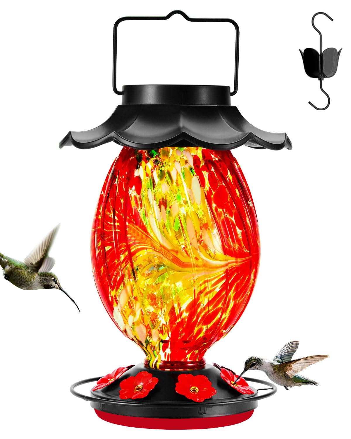 HouseSapp Solar Hummingbird Feeder - 49 fl.oz Hand Blown Glass Color Changing - 7 Feeding Ports with Perch - Never Leak - Perfec