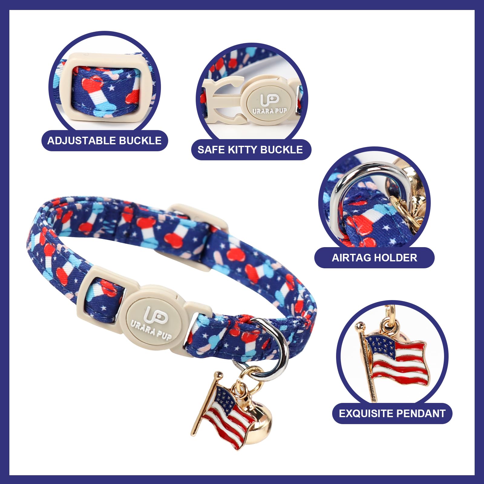 Up Urara Pup 4Th 0F July Cat Collar,2Pack Patriotic Day Kitten Collars Cute Flag Breakaway Kitty Collars,Summer Baseball Blue Ca