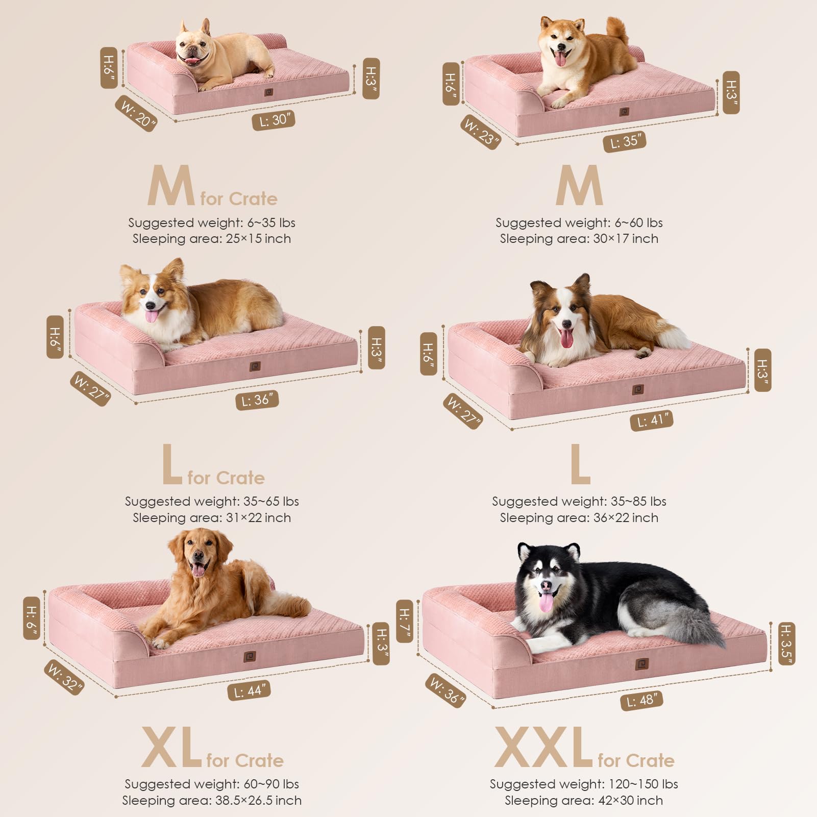 Eheyciga Memory Foam Large Dog Bed, Orthopedic Dog Beds For Large Dogs, Waterproof Egg Crate Dog Couch Bed With Washable Removable Cover And Non-Slip Bottom, L Shaped Dog Bed, Dusty Pink
