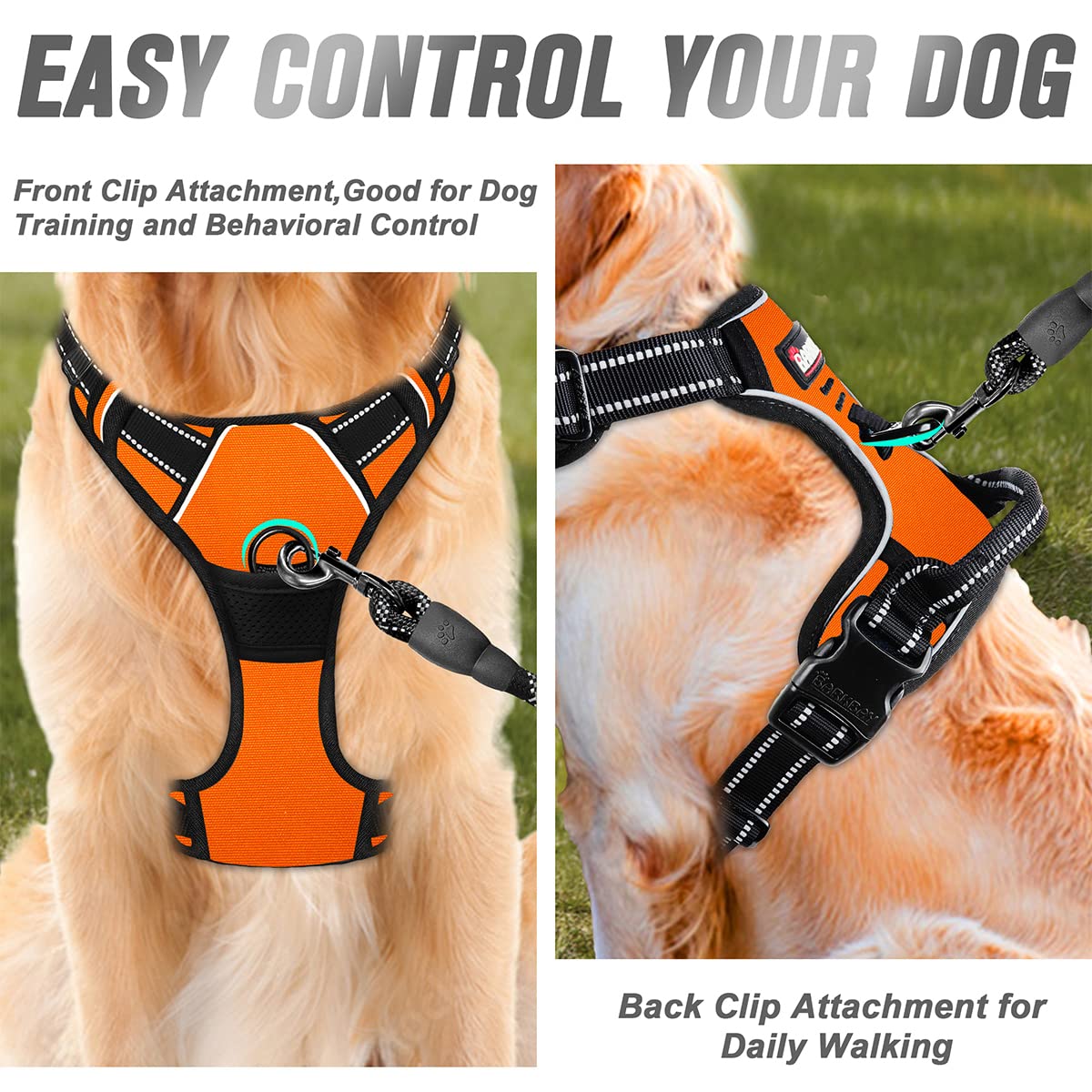 Barkbay No Pull Dog Harness Front Clip Heavy Duty Reflective Easy Control Handle For Large Dog Walking(Orange,L)