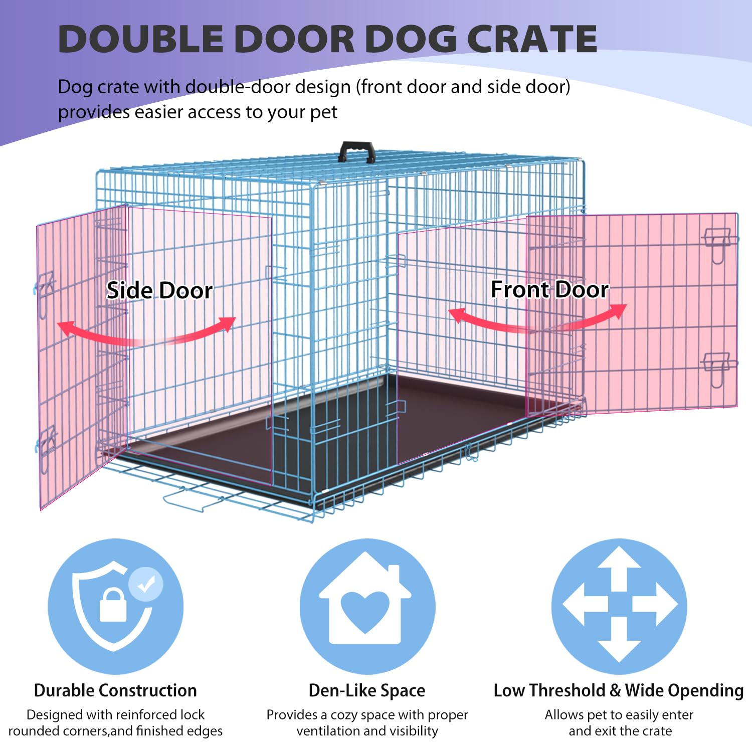 Home For Pets Dog Crate Cage Extra Folding Large Double Door Pet Crate,Includes Divider And Tray,(Blue,36)