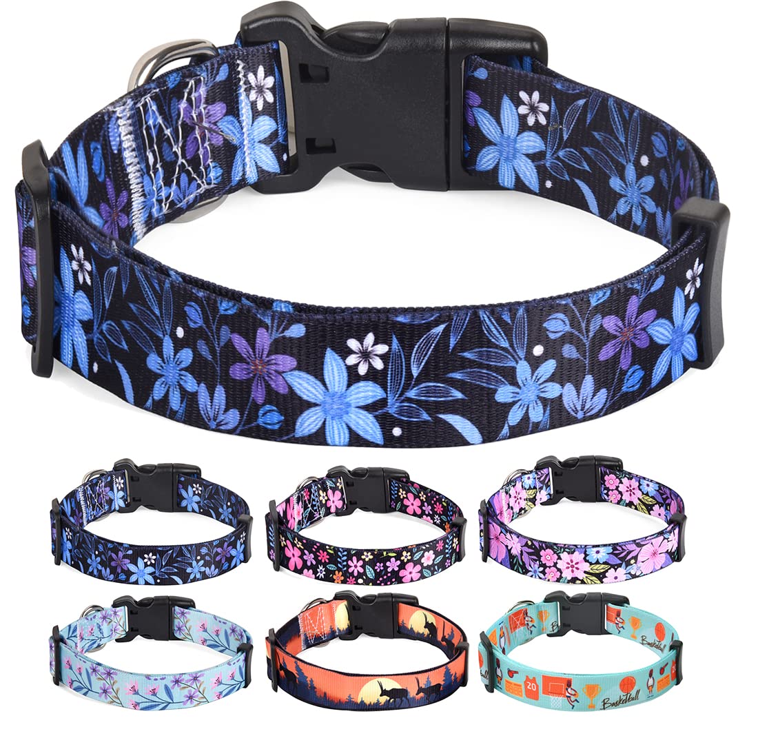 Hqyddmi Dog Collars With Floral Print, Soft Comfortable Adjustable Collars For Small Medium Large Dogs, Floral Pattern For Girl Boy Dogs(Blue Floral,L)