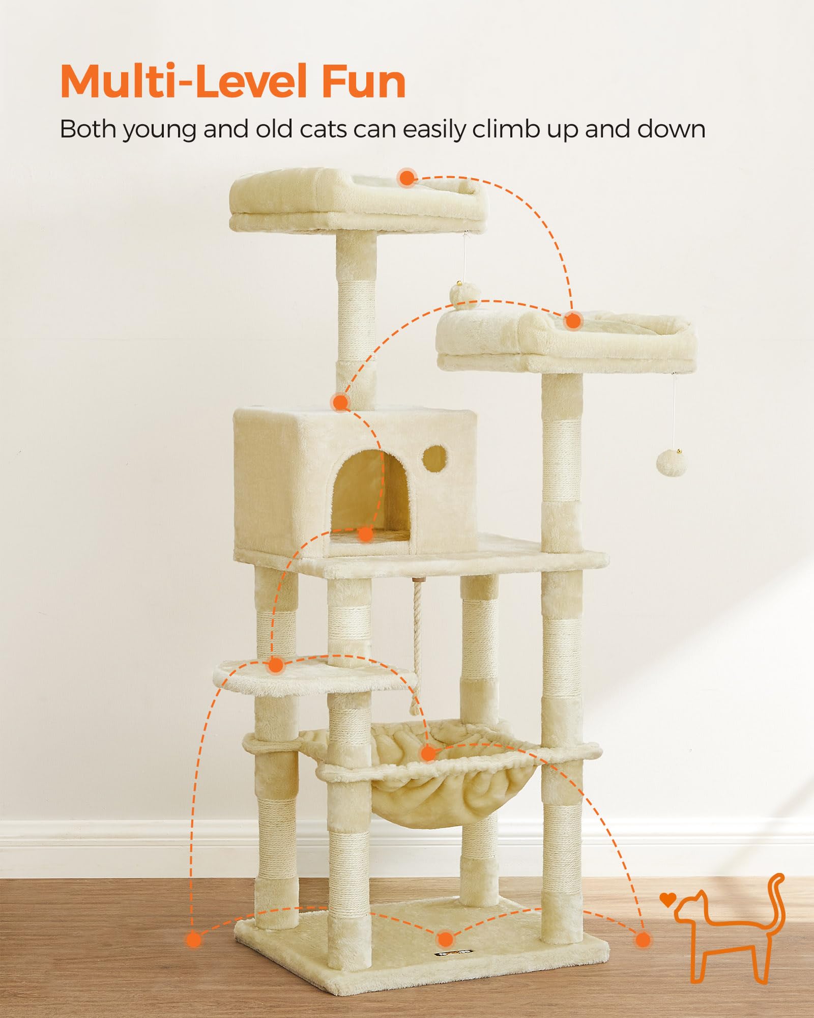 Feandrea Cat Tree, 56.3-Inch Cat Tower for Indoor Cats, Multi-Level Cat Condo with 11 Scratching Posts, 2 Perches, Cave, Hammock