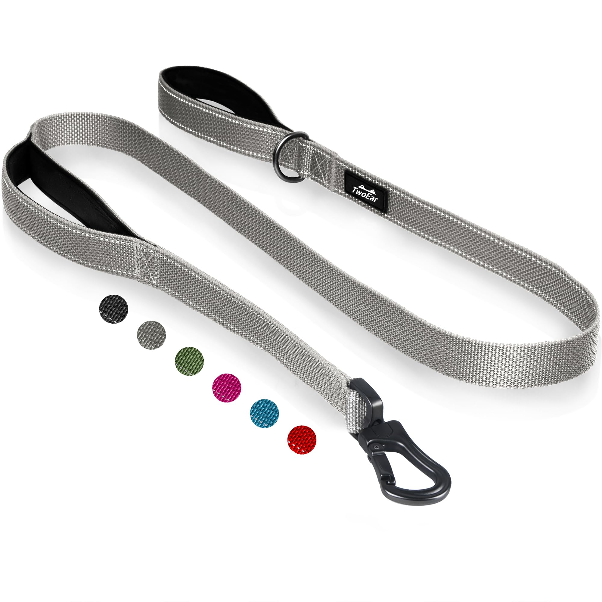 TwoEar Dog Leash - 6FT Grey with 2 Padded Handles, Traffic Handle, Soft Material for Small to Large Dogs