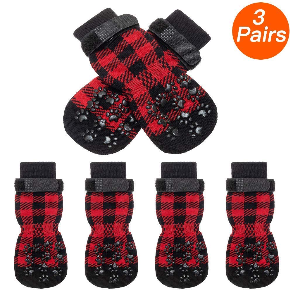 Scenereal Dog Socks Double Side Anti-Slip With Straps Traction Control 3 Pairs Set - Plaid Paw Protector For Floor Indoor, Non-Skid Design For Small Medium Dogs Cats Puppy