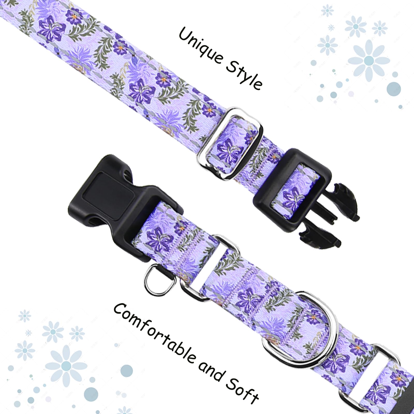 Fidohug Reflective Martingale Collar For Dogs With Quick Release Buckle Cute Girl Female Flower Dog Collars (Lavender Floral, Sm