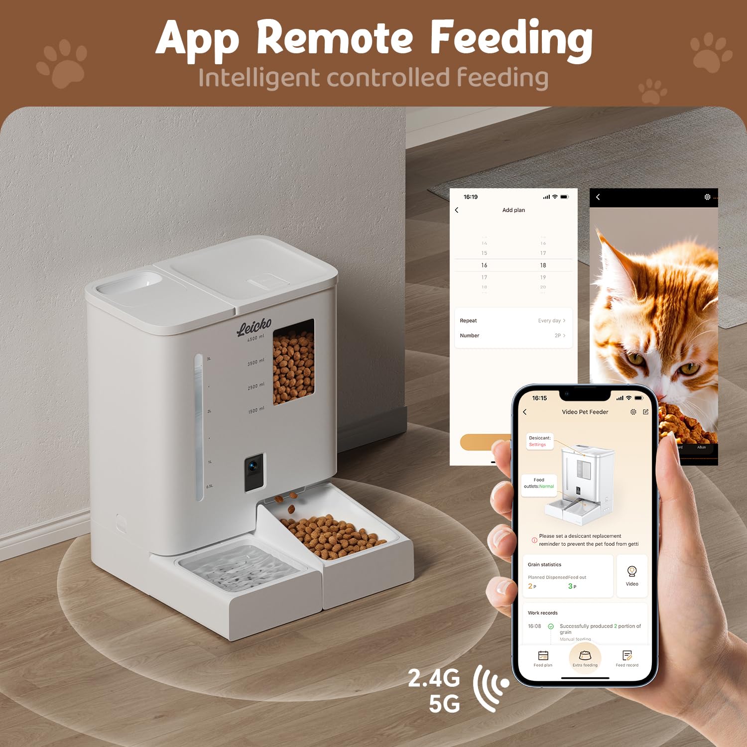 Automatic Cat Feeder with Camera,5G/2.4G WiFi Pet Feeder,2K HD Video and Night Vision,Easy APP Operation,Low Food and Food Clogging APP Tips,Water and Grain Large Capacity Feeder -Like New