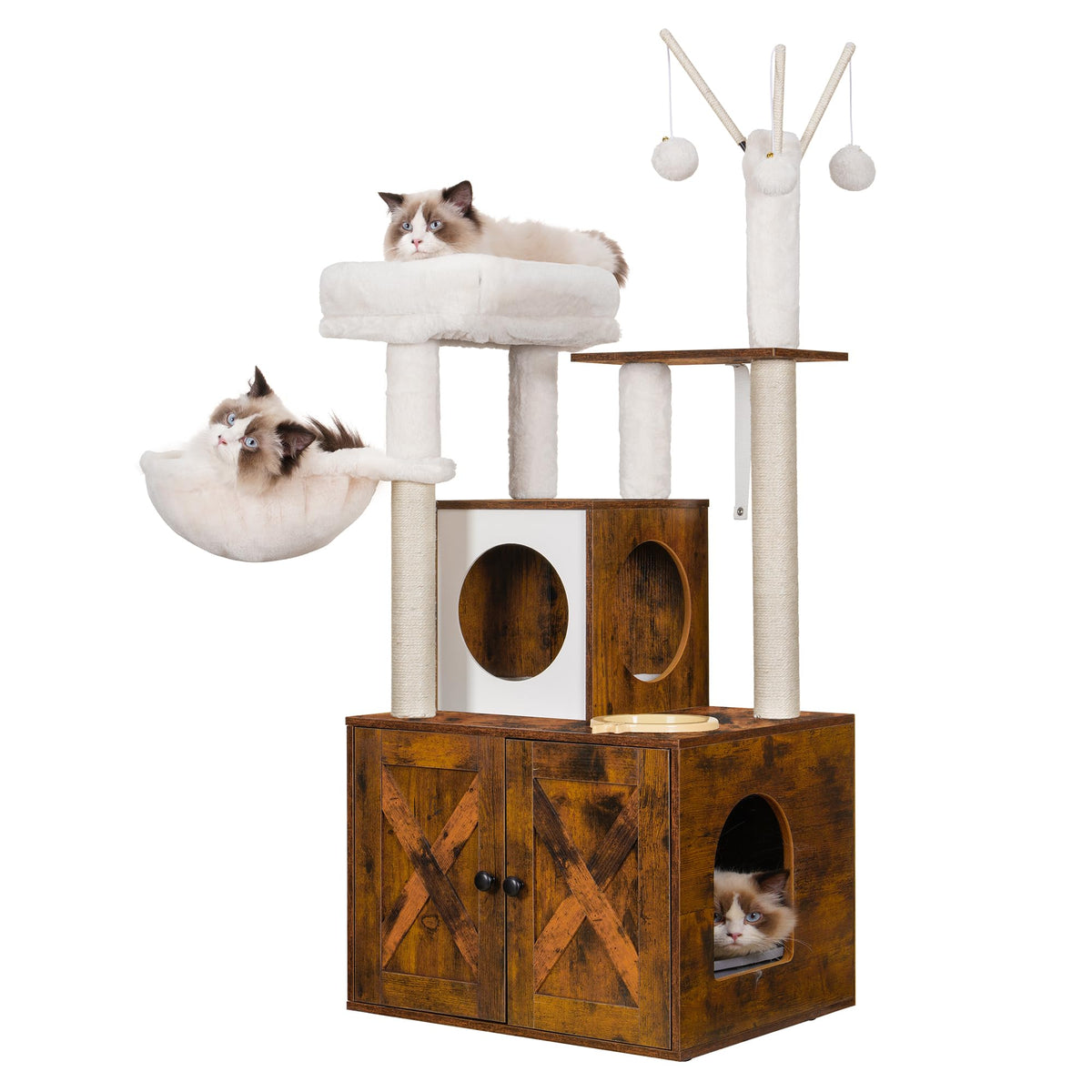 Heybly Cat Tree, Wood Litter Box Enclosure With Food Station, All-In-One Indoor Cat Furniture With Large Platform And Condo, Mod