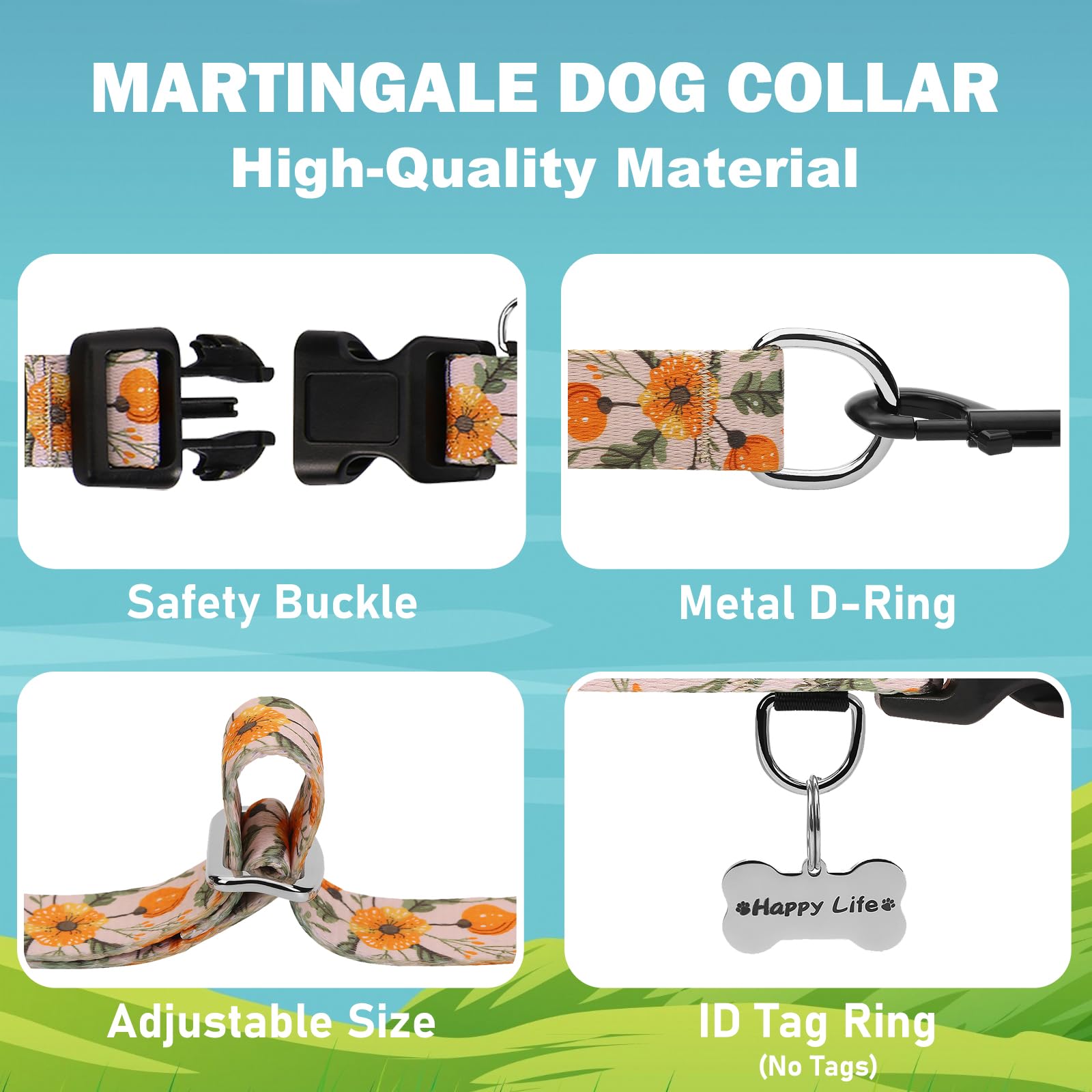 Fidohug Martingale Collar For Dogs With Buckle Adjustable Nylon Slip No Pull Training Dog Collars (Beige Floral, Small)