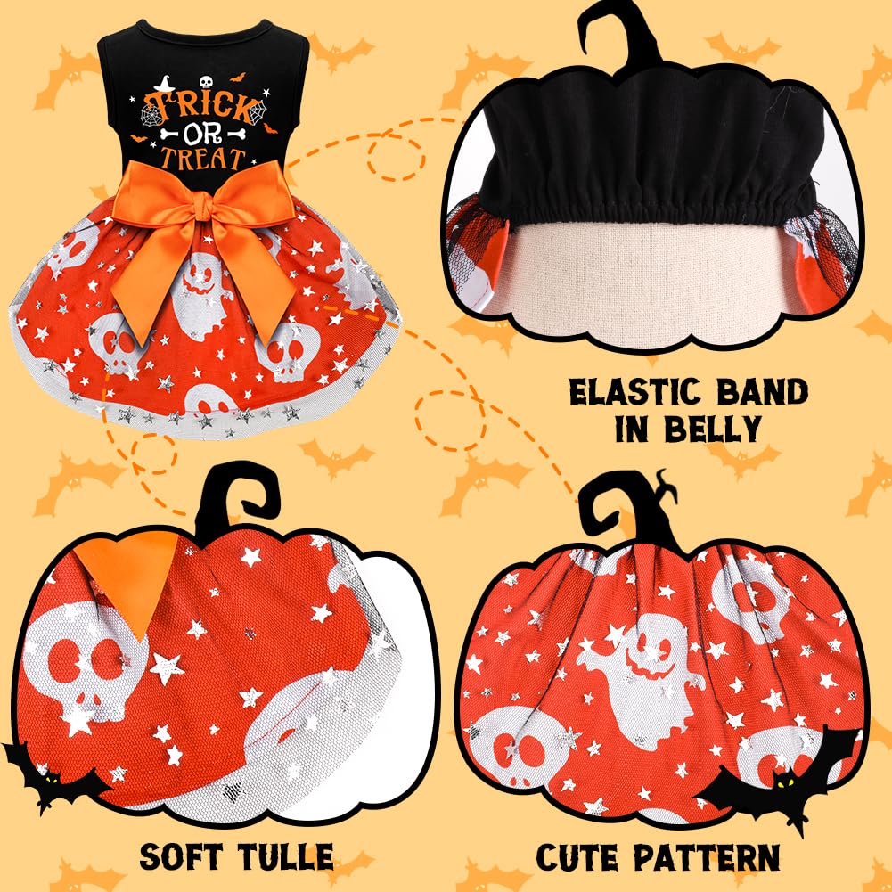 Funny Puppy Dress With Bow - Small & Large Dog Halloween Costumes, Pumpkin Witch Bat Pet Dress - X-Small, Trick Or Treat