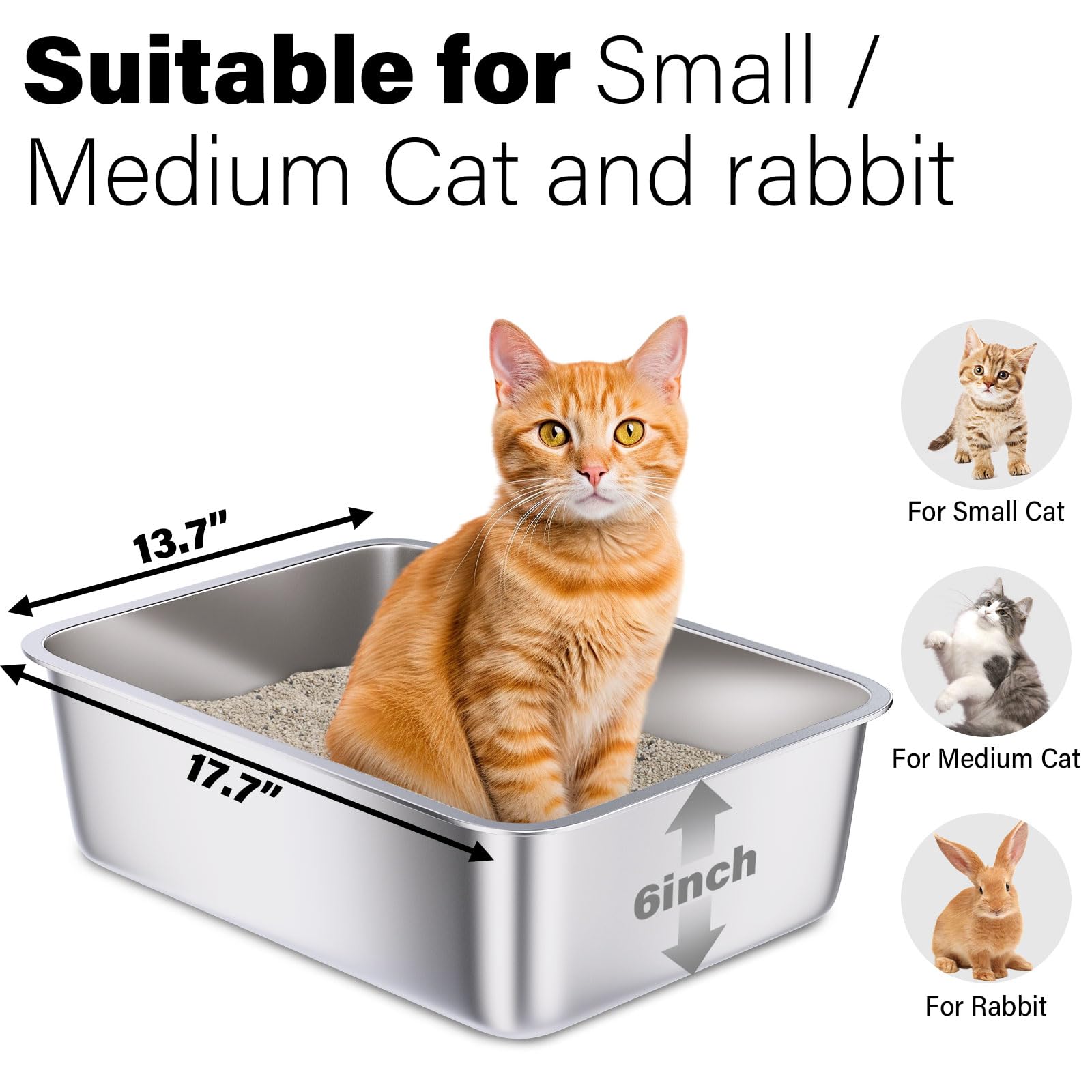Holintan Stainless Steel Litter Box, 18'X14'X6'(Height) Medium Metal Cat Litter Box Easy Clean, Non Stick Litterbox No Smell