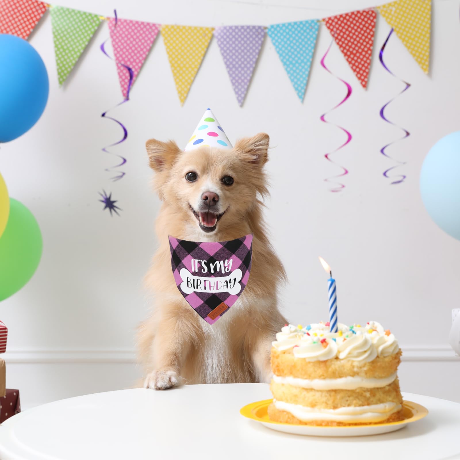 PTDECOR Dog Birthday Party Supplies, Its My Birthday Scarf Pink Plaid Girl Bandana for Small Dogs (Pink, Small)