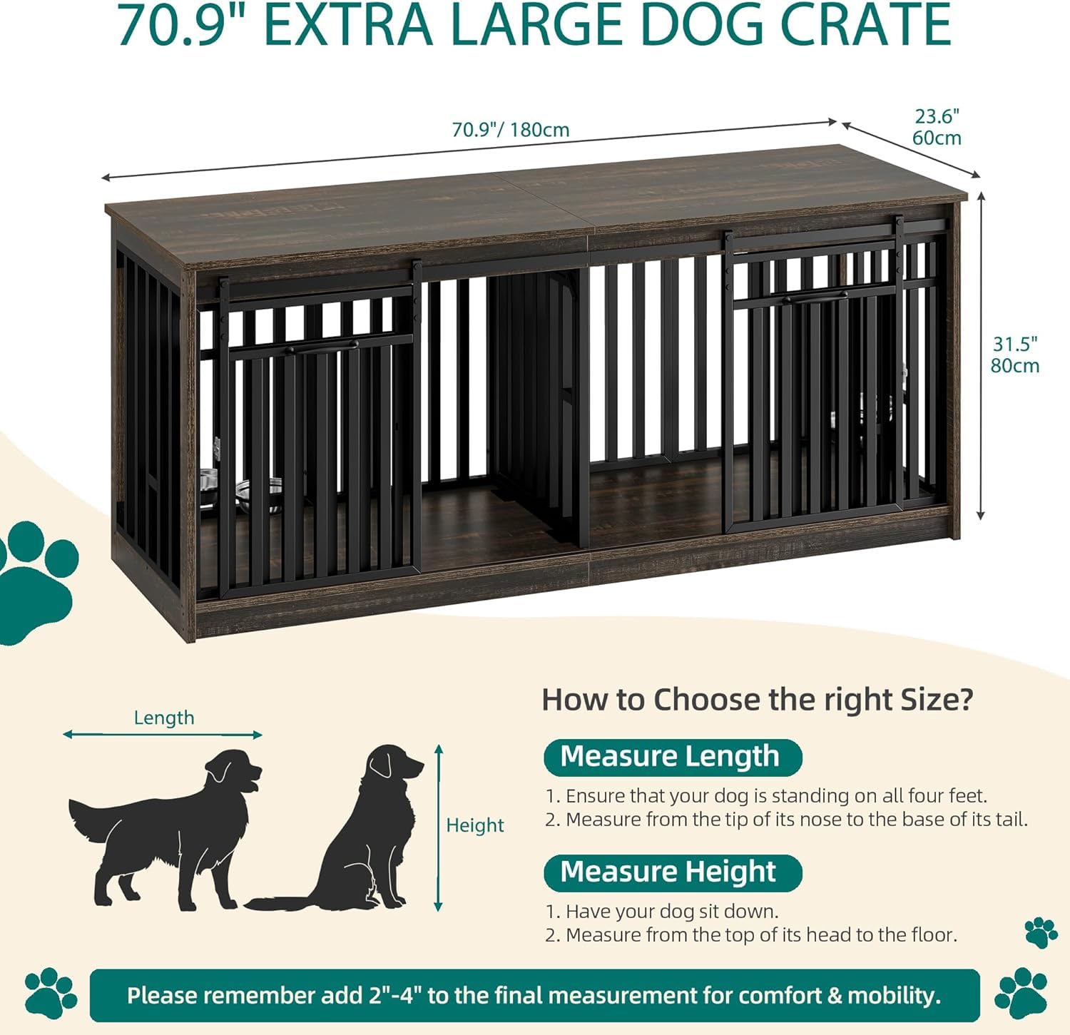 YITAHOME 71 Inch Double Dog Crate Furniture for 2 Dogs, Heavy Duty Wooden Crate TV Stand with 4 Bowls, Dog Kennel Indoor Furnitu