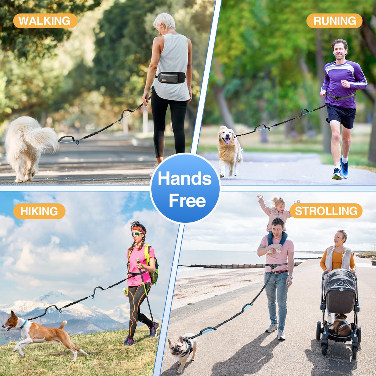 Kytely Hands Free Dog Leash With Zipper Pouch, Wide Padded Waist Dog Running Leash For Medium And Large Dogs, Dual Padded Handle