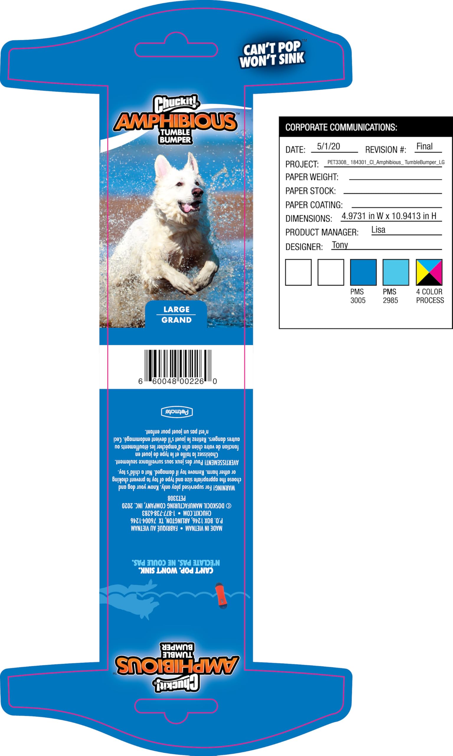 Chuckit! Amphibious Tumble Bumper Dog Toy, Floats On Water,Large