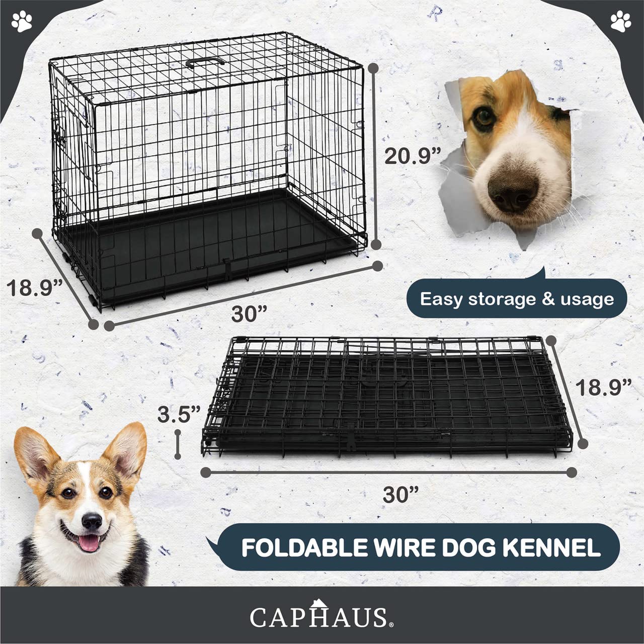 Caphaus Foldable Dog Crate Wire Metal Dog Kennel W/Leak-Proof Pan & Protecting Feet & Divider Panel, Single Or Double Door, Smal