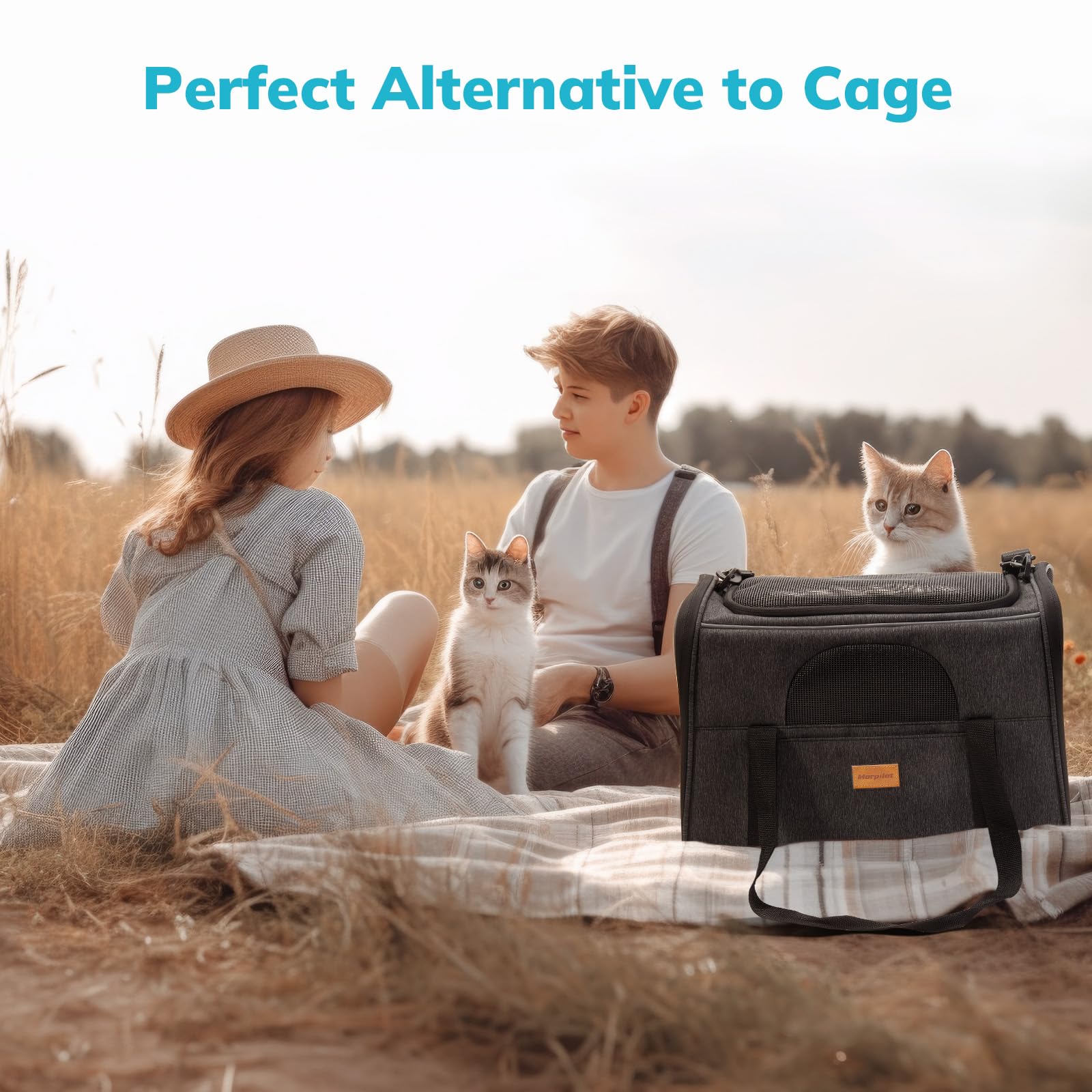 Morpilot Large Cat Carrier - Soft Sided Cat Carrier Large For Big Medium Cats And Puppy Up To 20Lbs, Pet Carrier With Safety Zippers, Foldable Bowl, Pet Travel Carrier Bag - Dark Gray Large