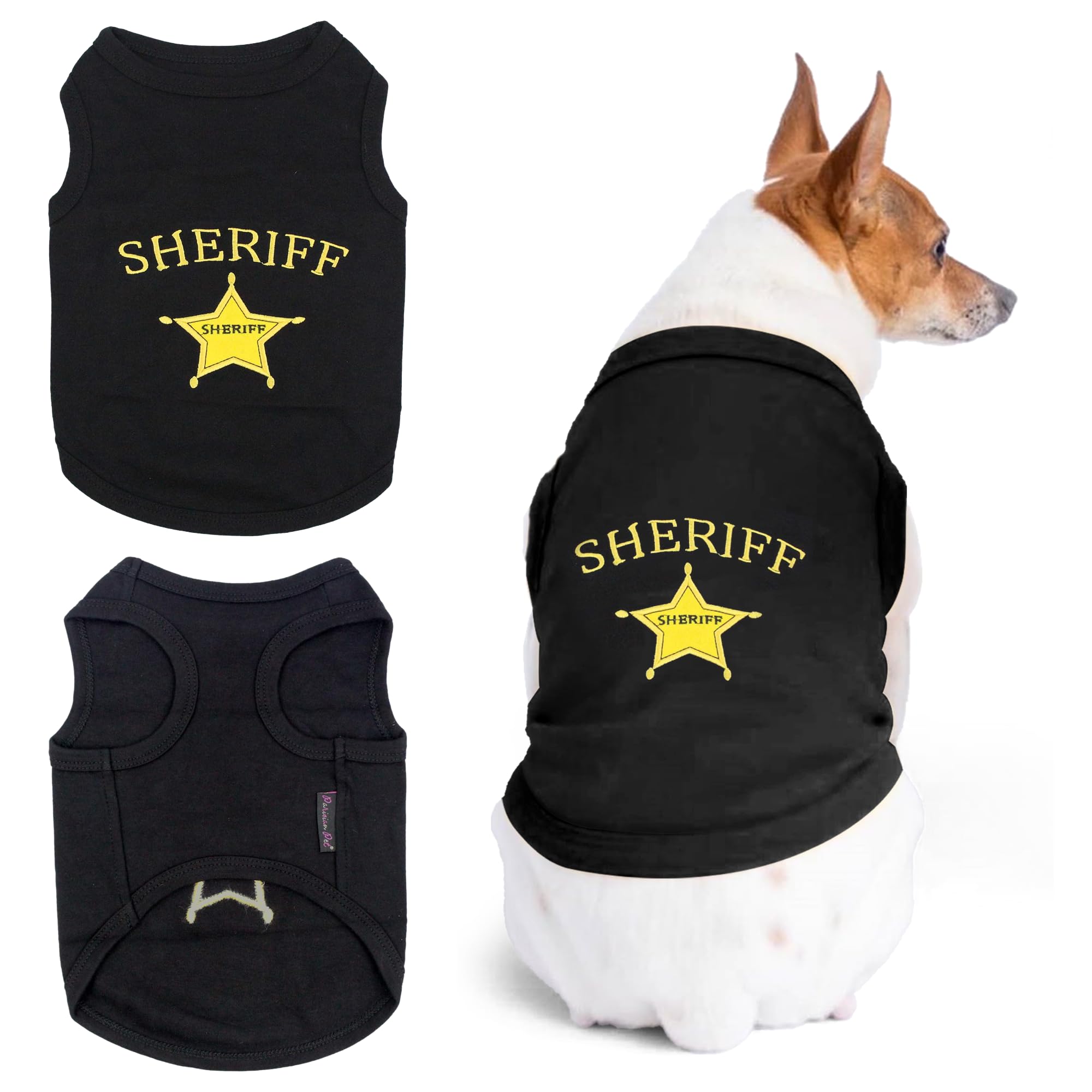 Parisian Pet Dog Tshirt - Embroidered “ Sheriff “ Dog Shirt - Lightweight And Skin Friendly Dog Clothes - Sleeveless Black Dog Tee Shirts - Machine Washable Dog Shirts For Small Dogs - S