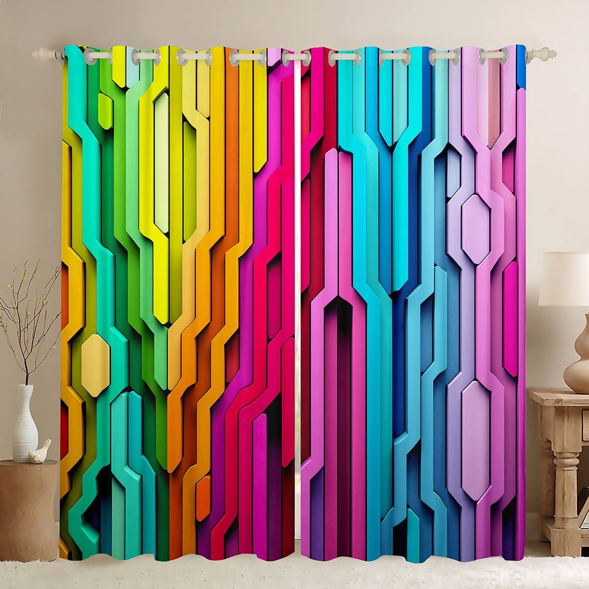Erosebridal Rainbow Window Curtains 52 Wx96 L, Geometric Stripes Curtains For Kids Girls Teens Women, Watercolor Lines Window Tr