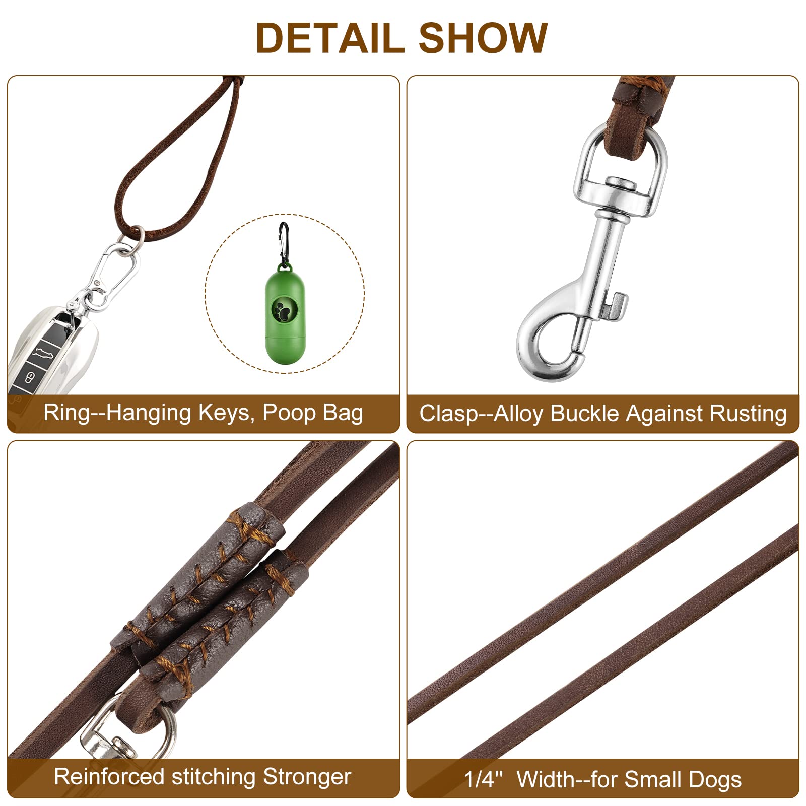 Wellbro Genuine Leather Dog Leash, 6Ft Super Thin And Lightweight Dog Leash, Soft And Slim Pet Leashes For Puppies And Cats Less Than 15Lb