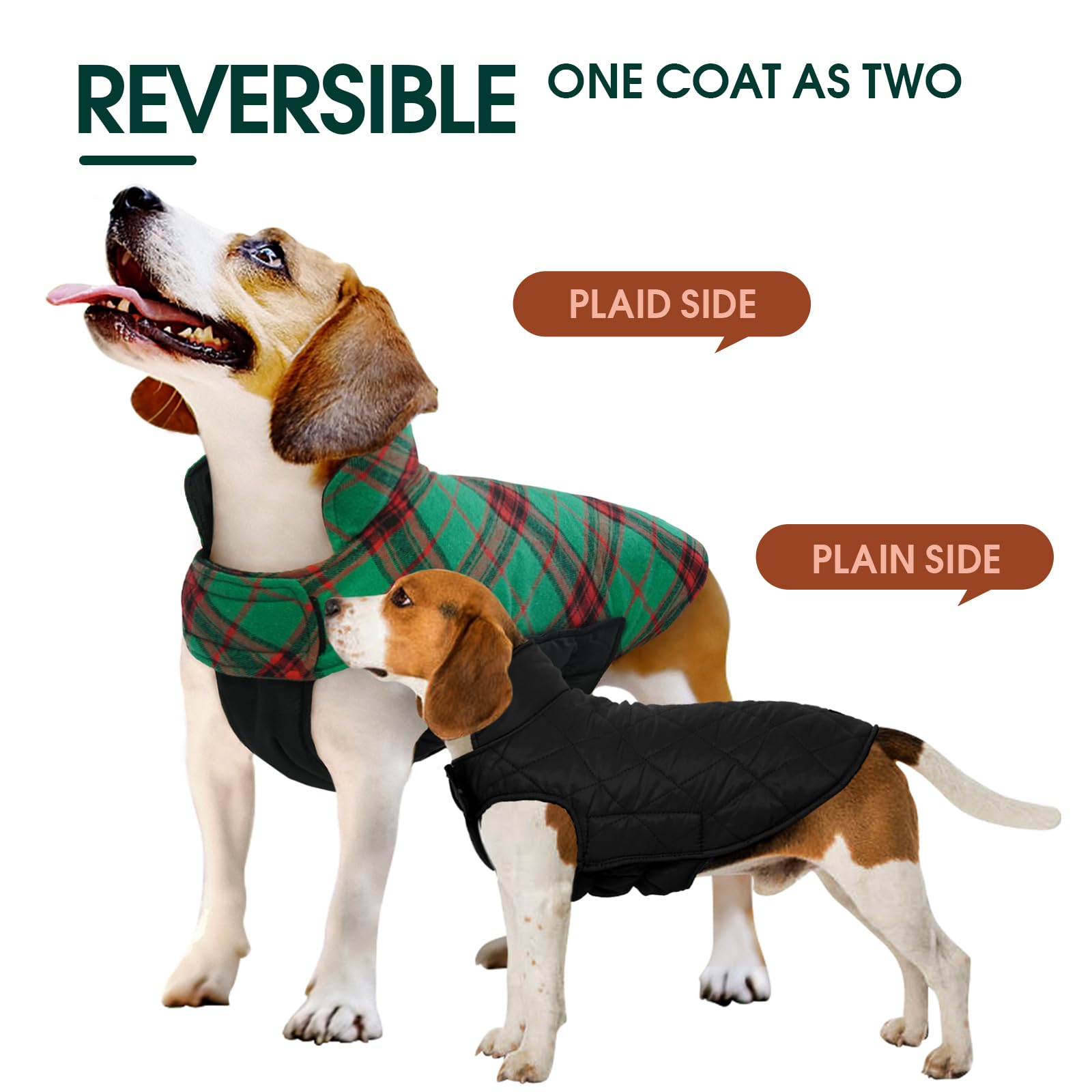 Kuoser Warm Dog Coat, Reversible Dog Jacket Waterproof Dog Winter Coat British Style Plaid Dog Clothes Pet Dog Cold Weather Coats Cozy Snow Jacket Vest For Small Medium Large Dogs Christmas Green L