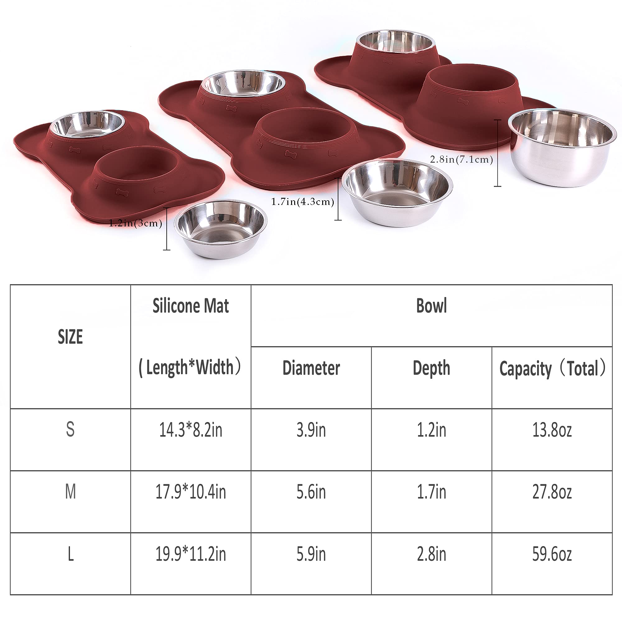 Hubulk Pet Dog Bowls - Stainless Steel with Non-Skid Silicone Mat, Small Size, Burgundy, Includes Food Scoop for Dogs and Cats