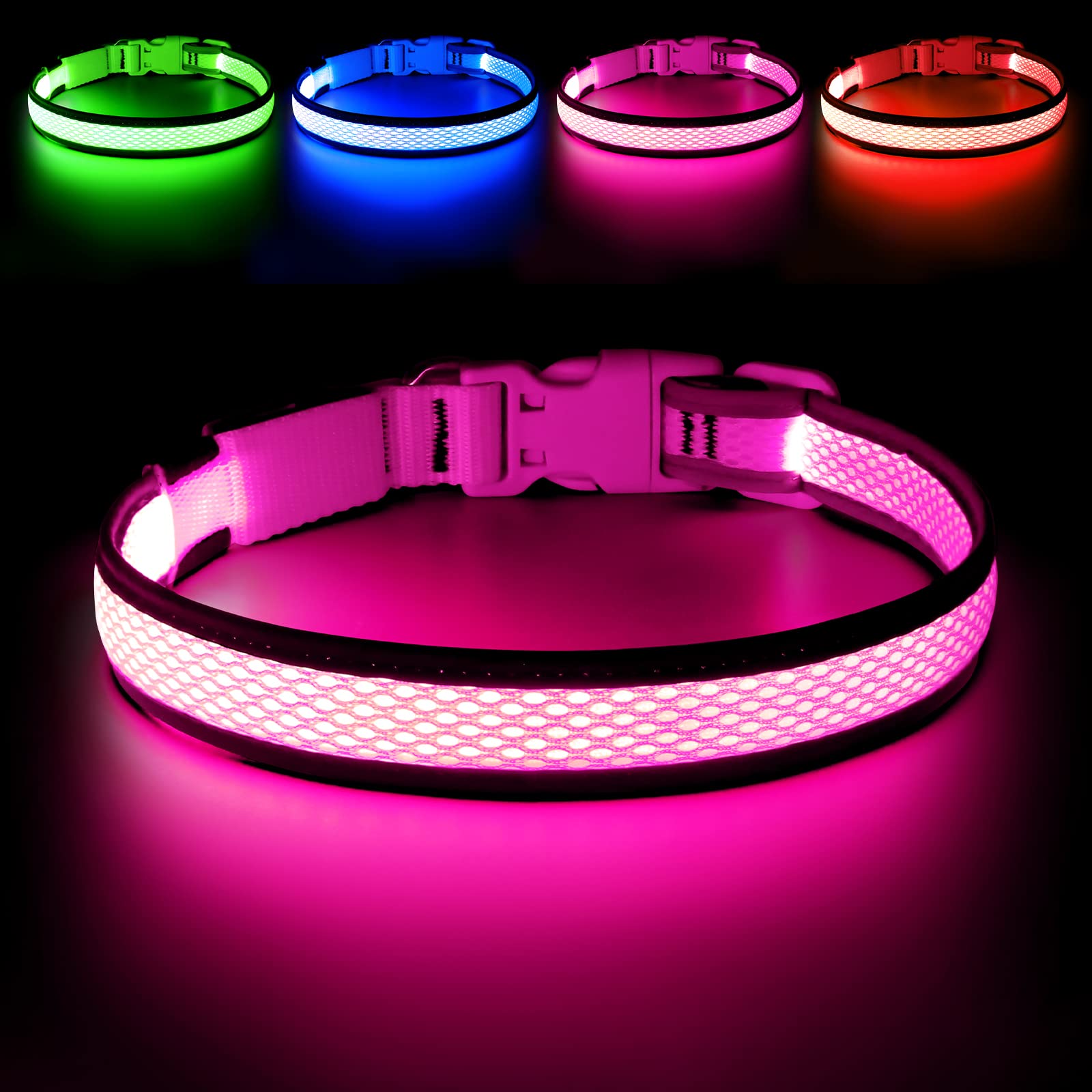 Flashseen Led Dog Collar, Usb Rechargeable Light Up Dog Collar Lights, Adjustable Comfortable Soft Mesh Safety Dog Collar For Small, Medium, Large Dogs(Small, Candy Pink)