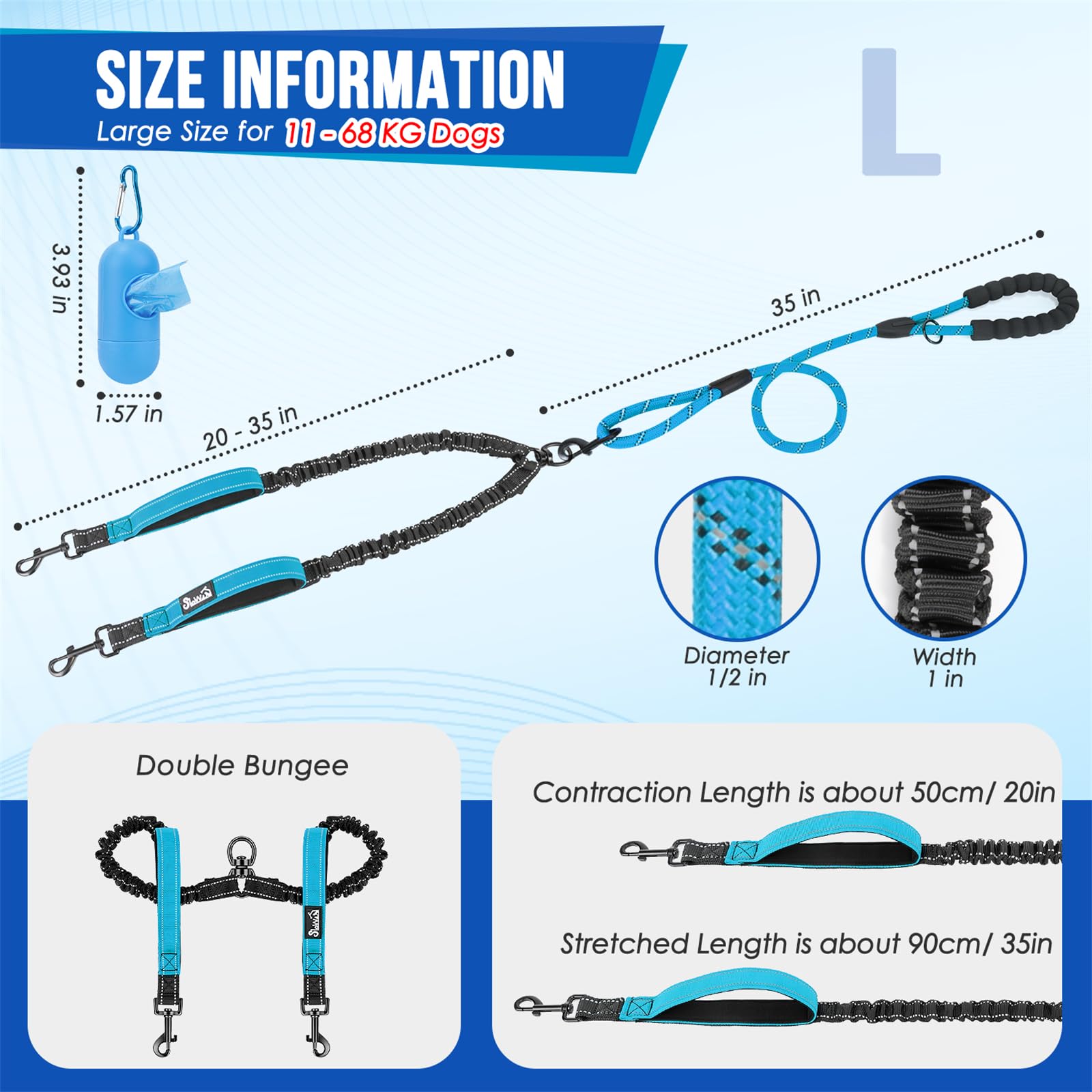 Slowton Double Leash For Two Dogs - No Tangle Dog Leash 360 Swivel Reflective Double Dog Leashes With Two Padded Handles, Shock