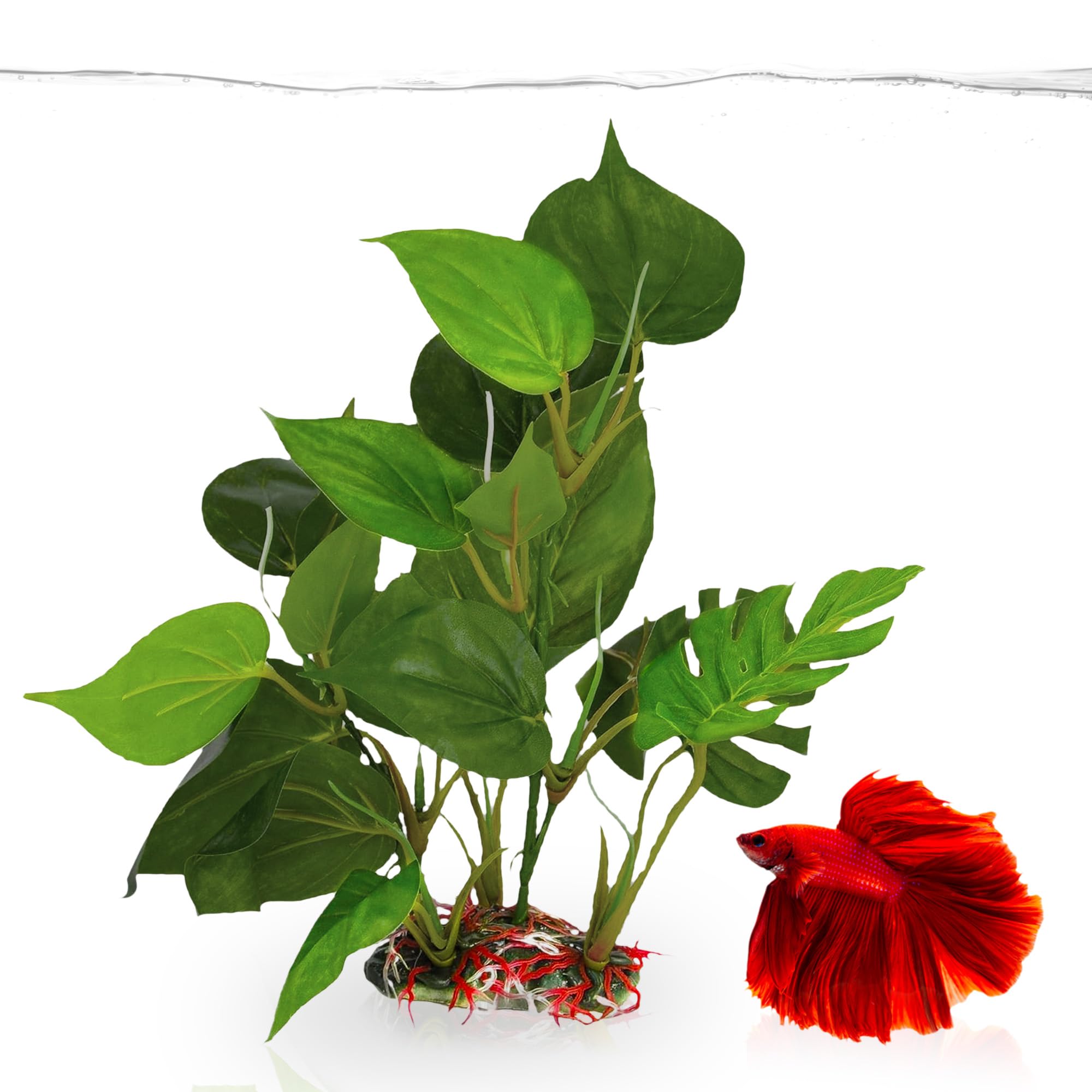 SunGrow Plastic Leaf Plant, Heavy-Duty Ceramic Base, Hiding Spot for Fish, Betta, Angelfish, Gold Fish, Frog, Python, Reptiles,