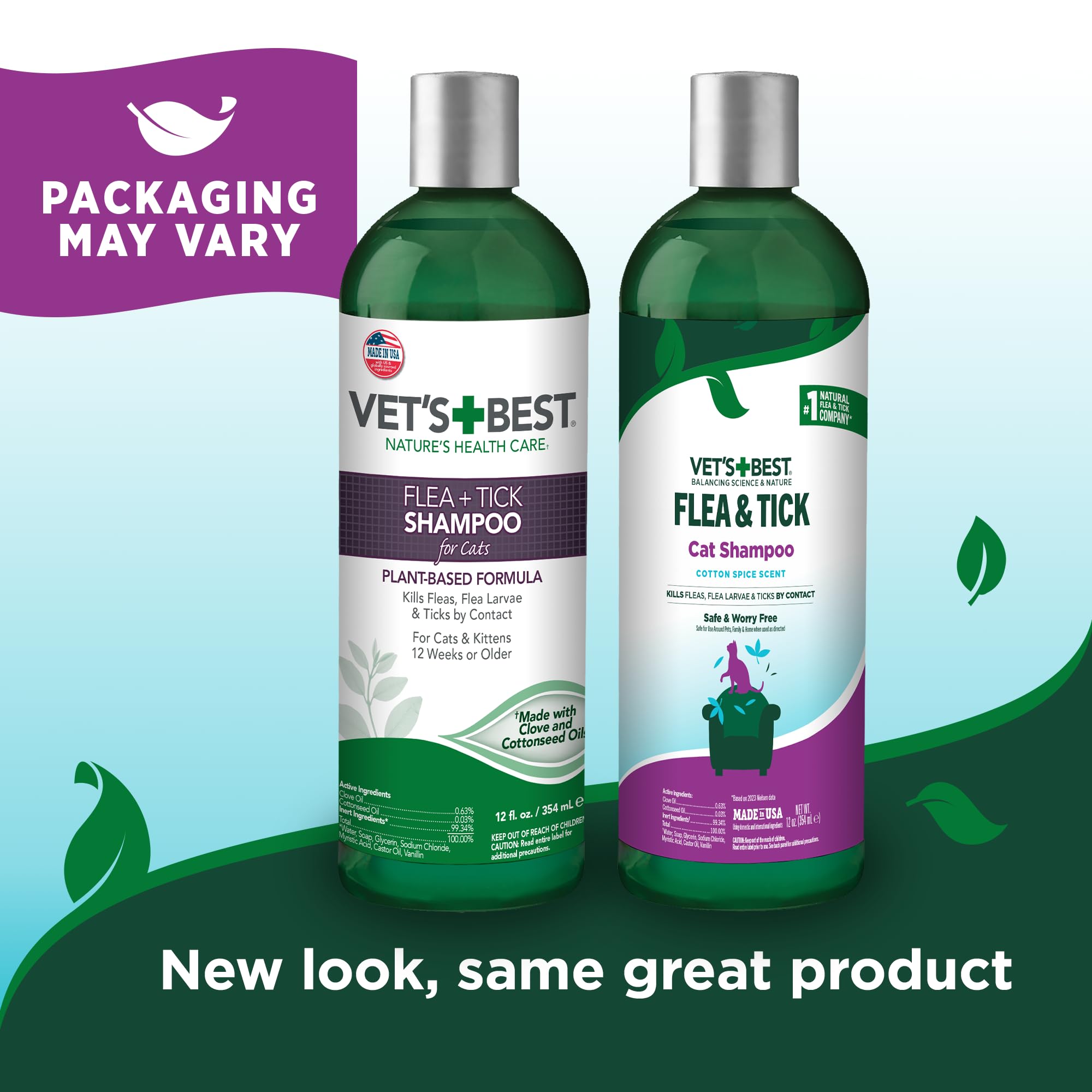 Vets Best Flea & Tick Shampoo for Cats - Premium Flea and Tick Treatment for Cats - Plant-Based Ingredients - Certified Natural