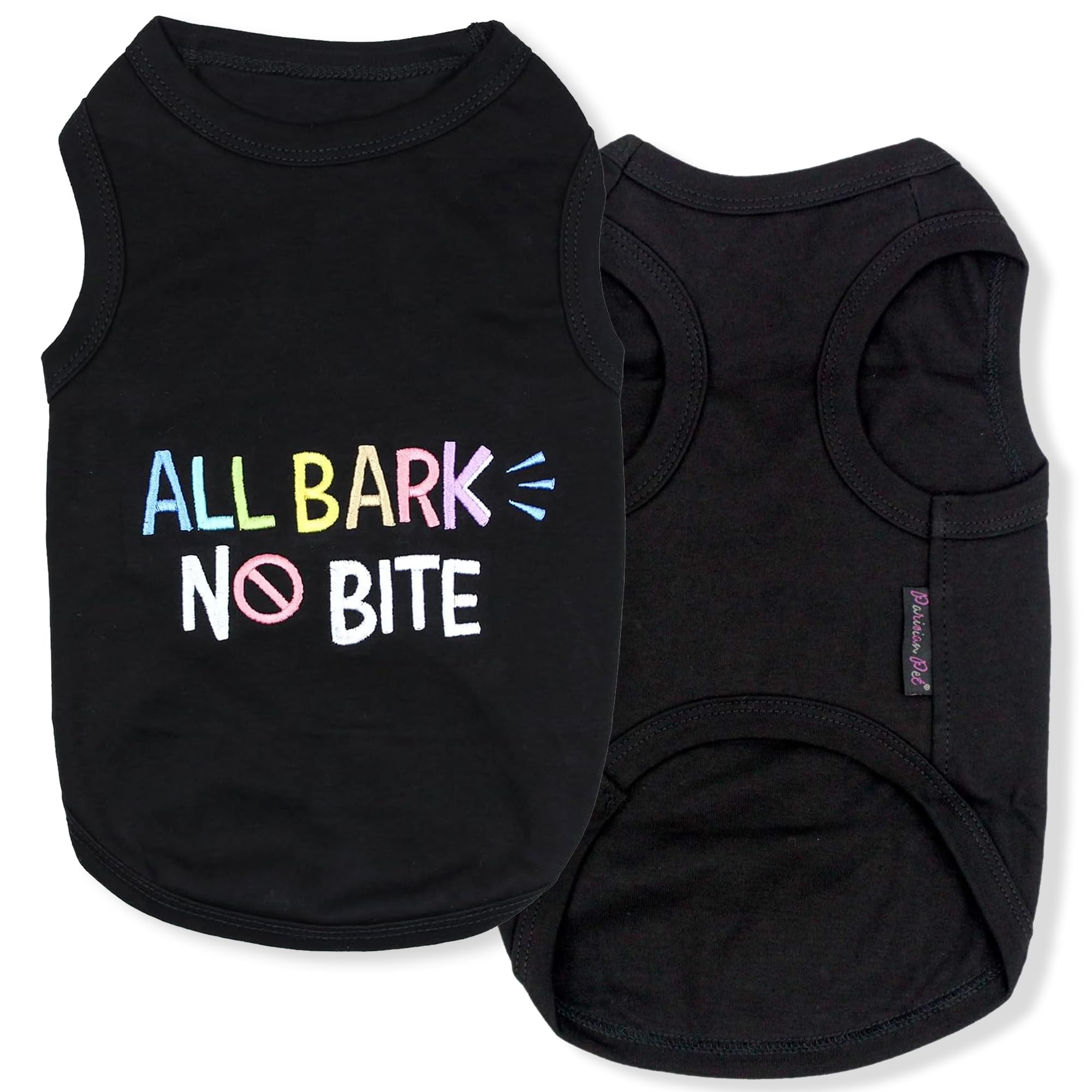 Parisian Pet Dog T-Shirt - Embroidered ' All Bark No Bite ' 100% Cotton, Dog Shirts - Sleeveless Pet Vest - Machine Washable Dog Clothes For Medium-Sized Dogs M