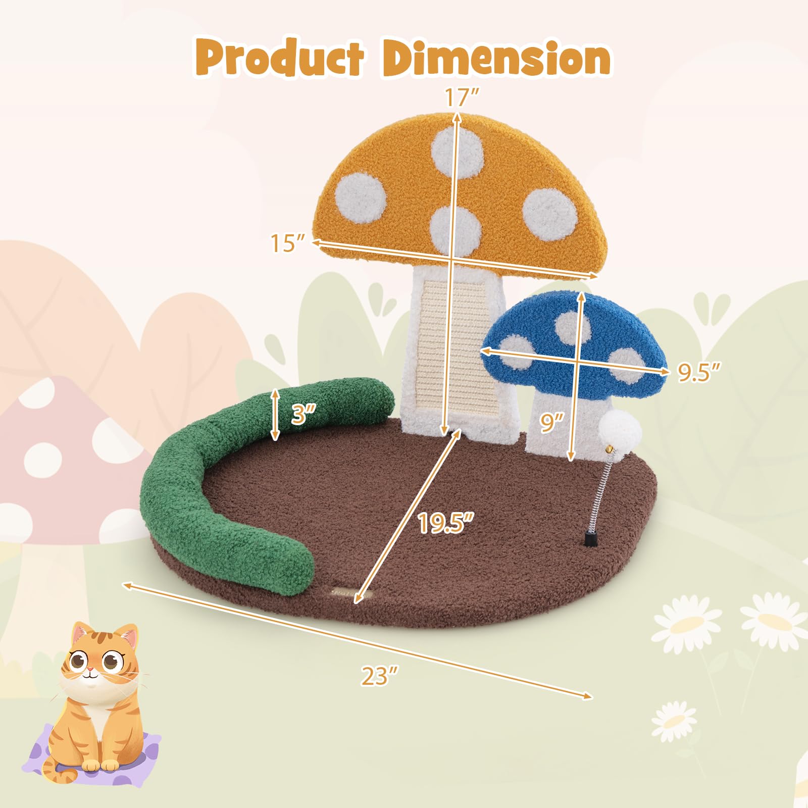 Petsite Mushroom Cat Tree For Indoor Cats, Modern Small Cute Cat Tree With Natural Sisal Scratching Board, And Teasing Spring Ba