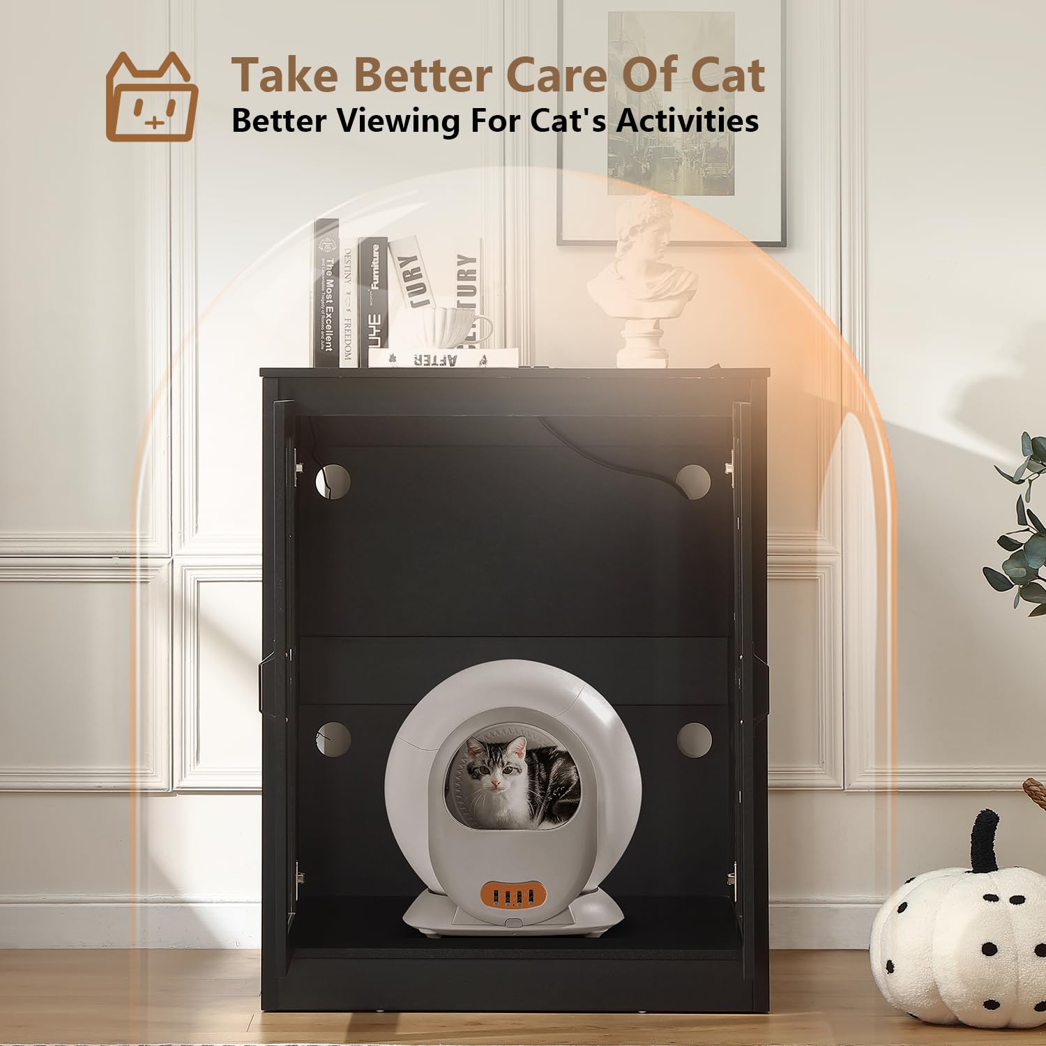 Forest Gravity Cat Litter Robot Enclosure with Glass Cat-Observant Doors,Litter Robot Cabinet with Reversible and Optional Entry