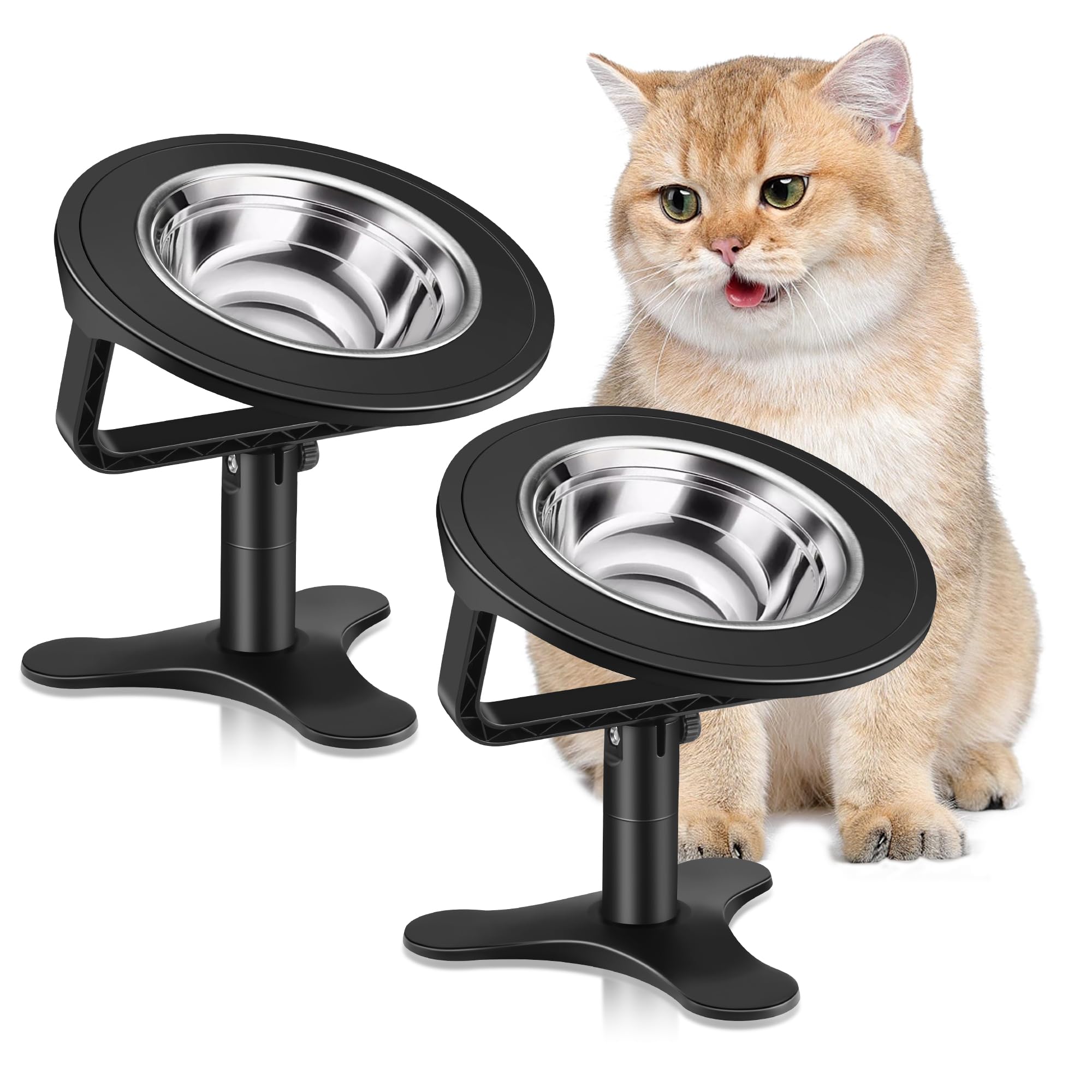 Elevated Cat Bowls with Adjustable Stand,15 Tilted Stainless Steel Non-Slip Feeder for Indoor Cats (2-Pack, Black)