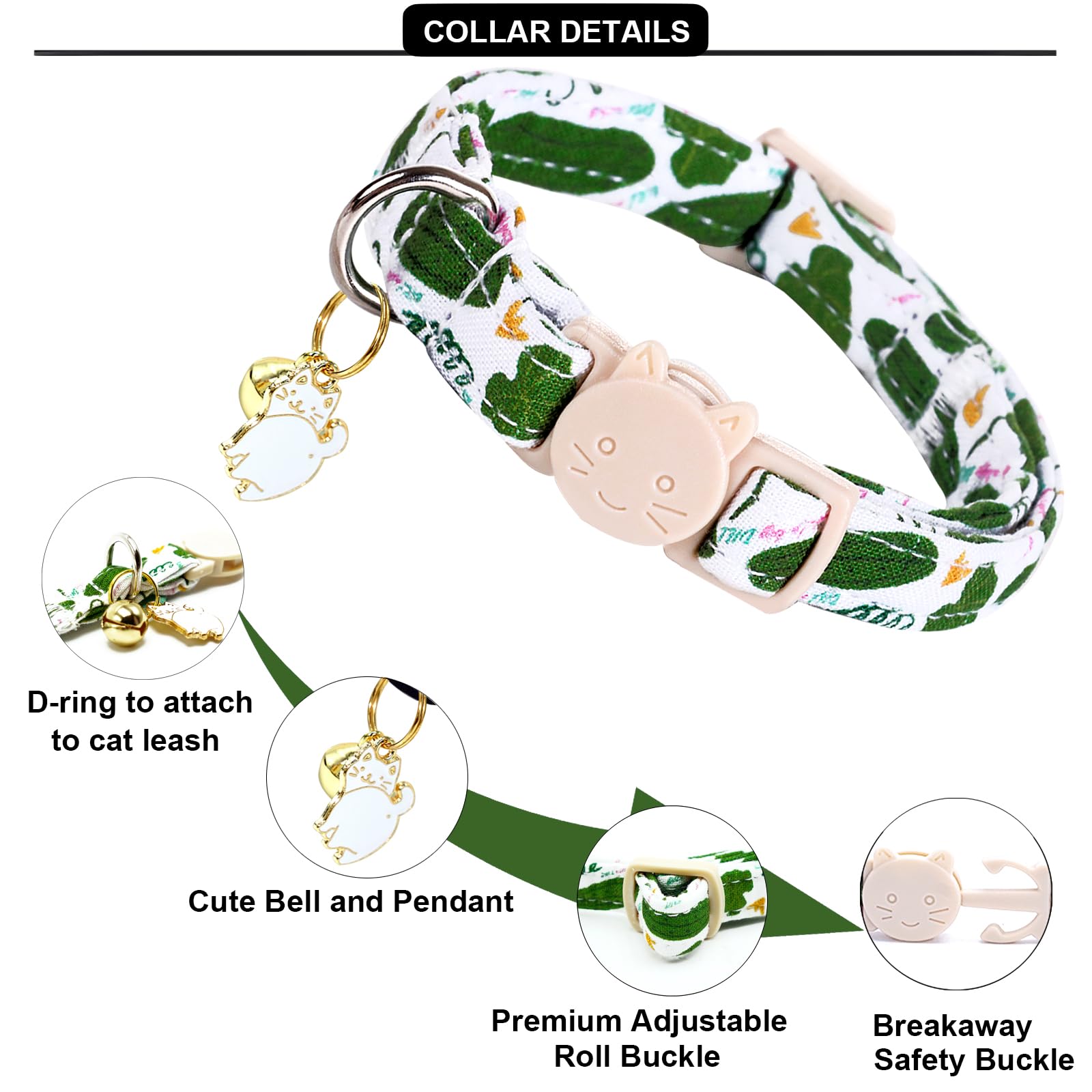 Lionheart Glory 2 Pack Cat Collar Breakaway With Bell & Pendant Dinosaurs Cucumbers Print Kitten Collar Soft Adjustable Safety C