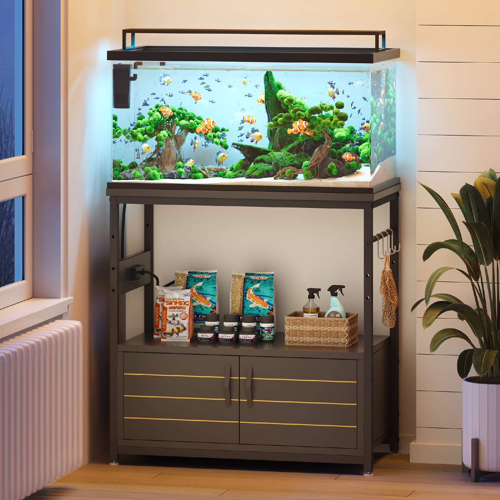 Bestier 20-29 Gallon Fish Tank Stand with Power Outlets, Metal Long Aquarium Stand with Storage Cabinet, 31x15 Reptile Terrarium