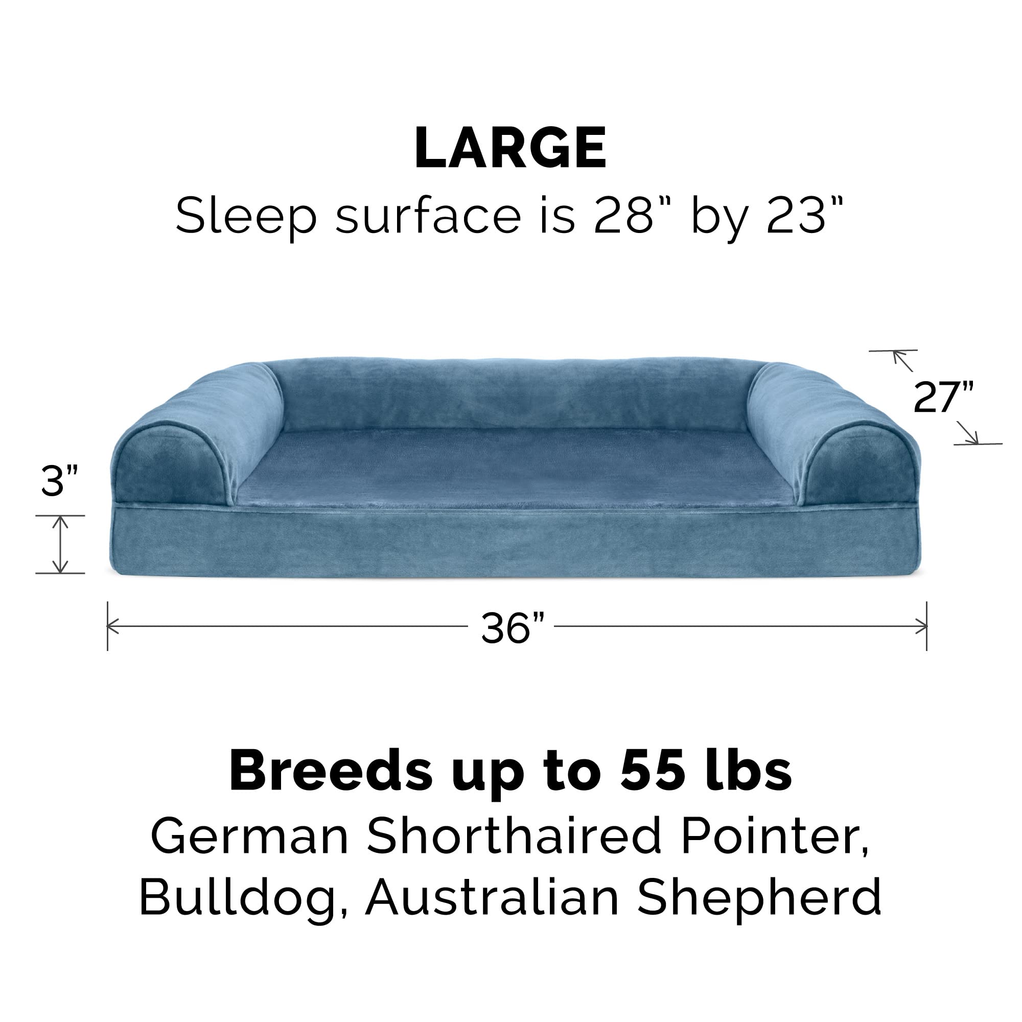 Furhaven Large Orthopedic Dog Bed Faux Fur & Velvet Sofa-Style W/ Removable Washable Cover - Harbor Blue, Large