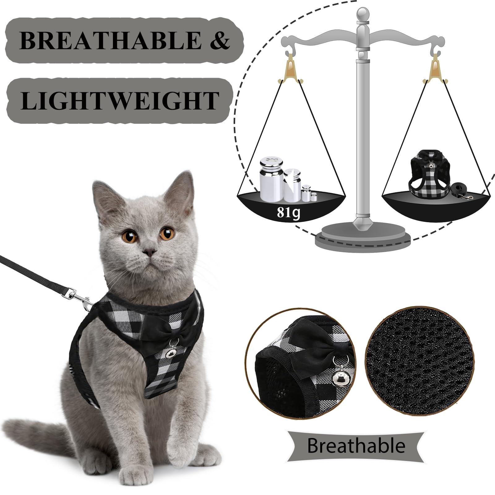 Cat Leashes And Harnesses For Walking,Breathable Soft Kittens Vest For Cats Dogs, Kitten Harness Escape Proof With Bell And Bow-