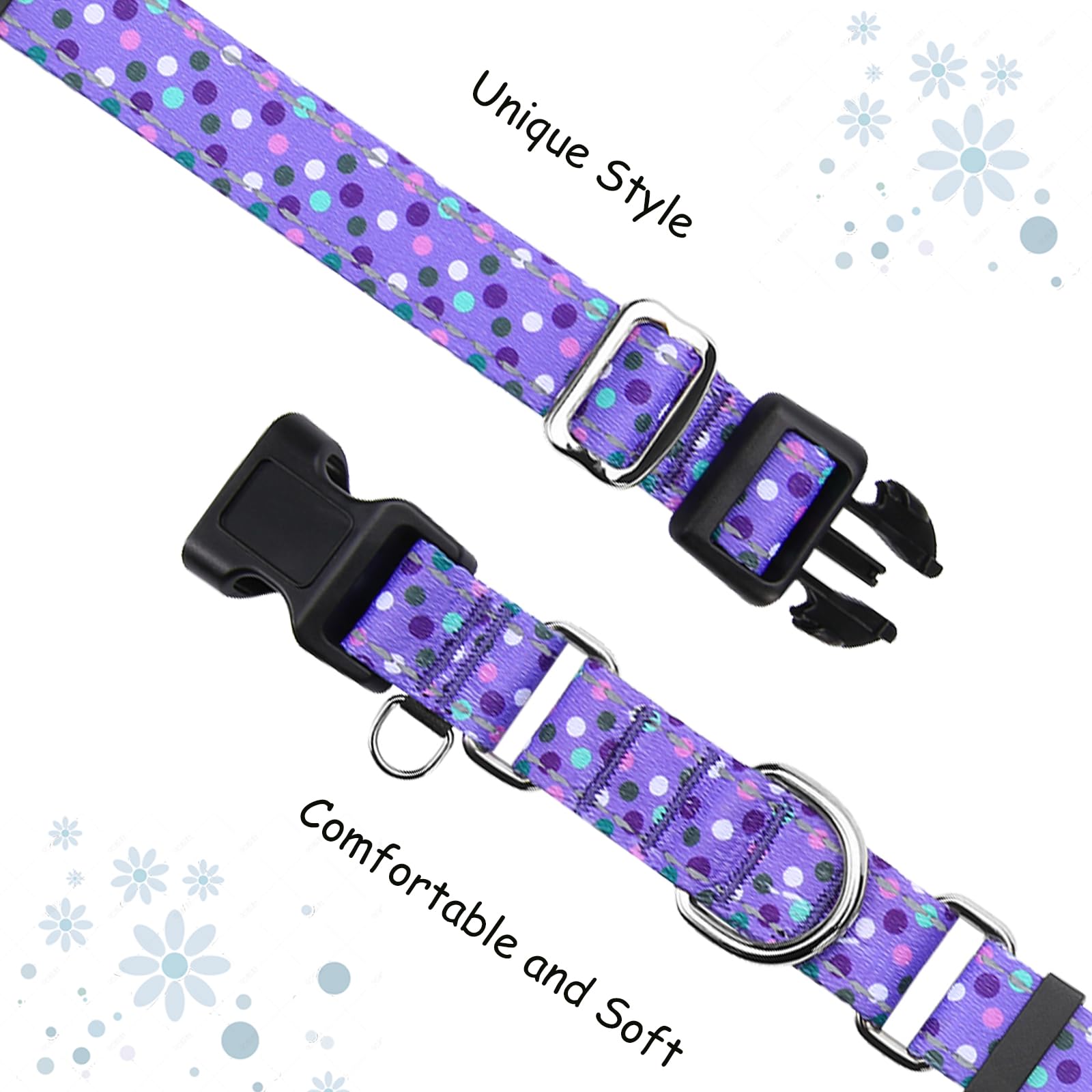 Fidohug Reflective Martingale Collar For Dogs With Quick Release Buckle Cute No Pull Training Dog Collars (Purple Polka Dot, Med