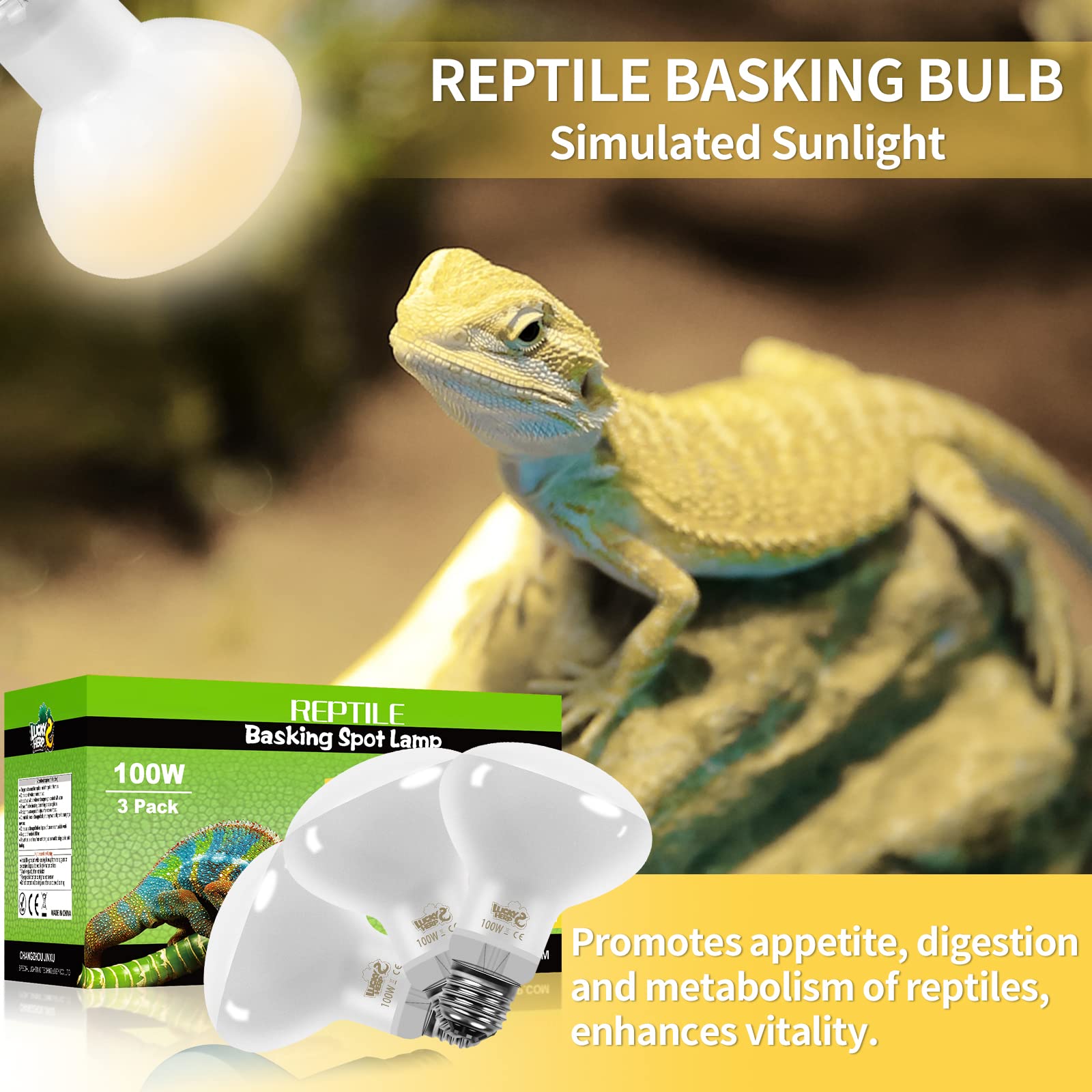 LUCKY HERP New Upgrade 3 Pack 100W Reptile Heat Lamp Bulb (3nd Gen, Safer), Amphibian UVA Heat Light Bulb, Reptile Basking Dayli