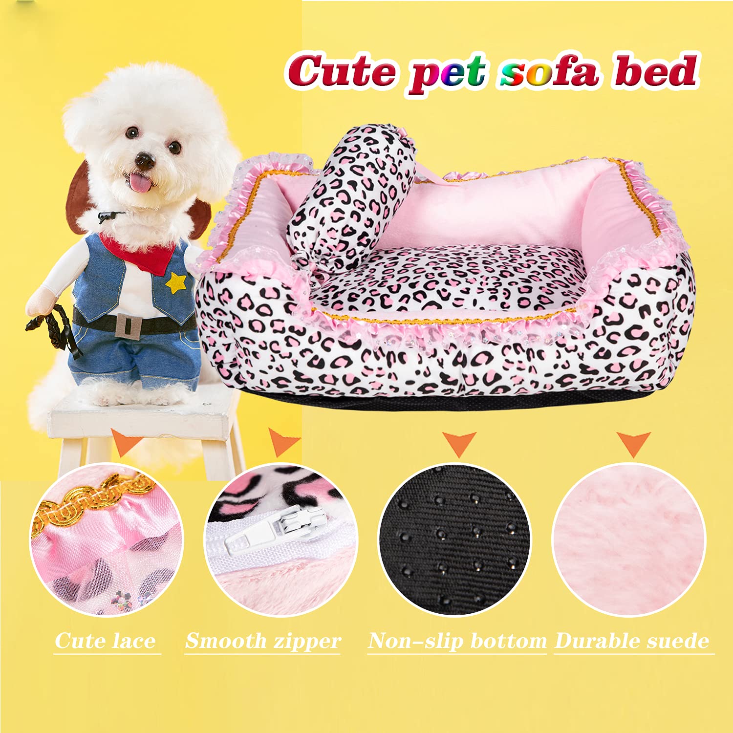 Gigreinc Dog Bed For Small Dogs - Cute Pink Leopard Dog Bed,Cat Beds For Indoor Cats Washable - Square Shape Cat Dog Sofa Bed Pe