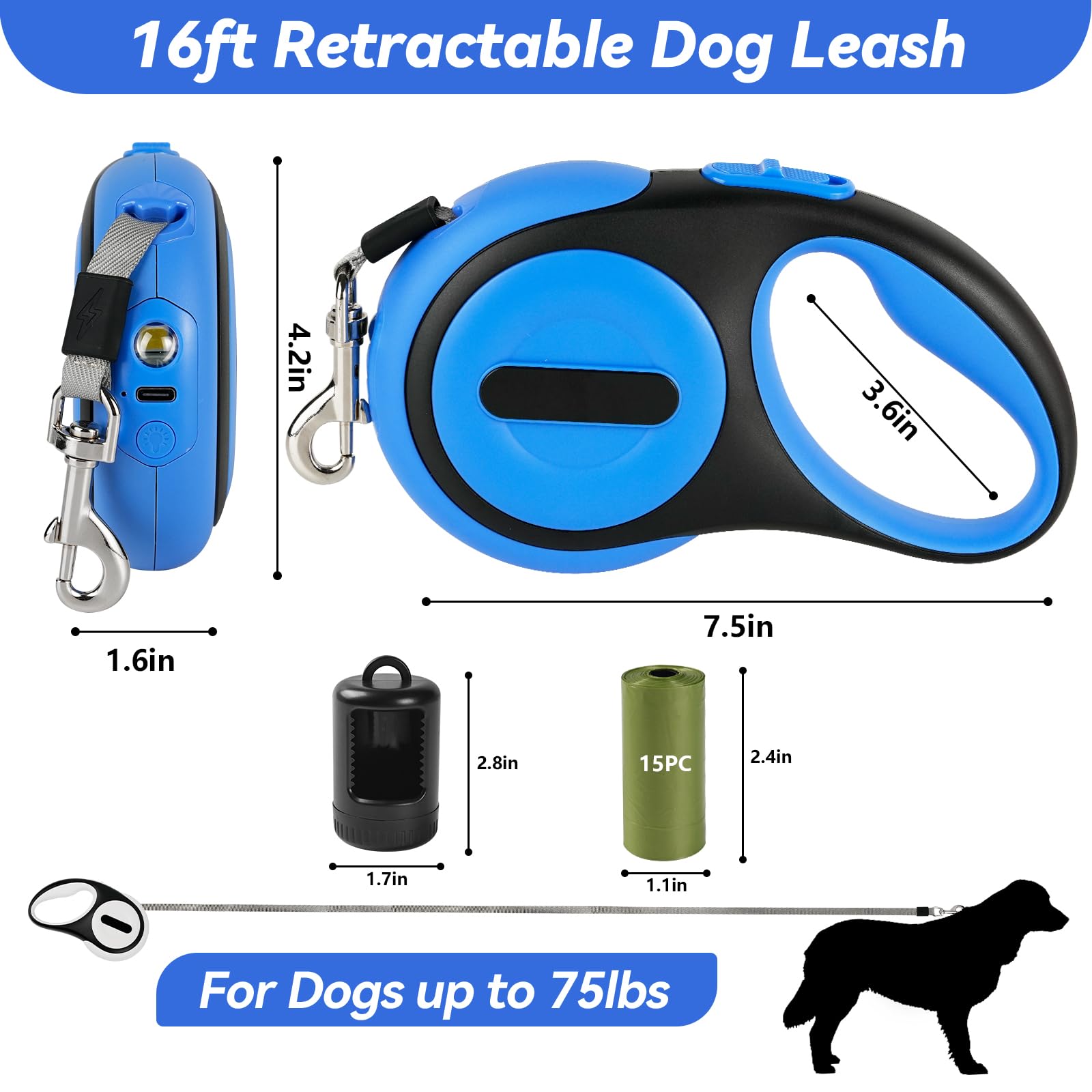 Odriew Retractable Dog Leash For Small Dogs-Medium Pet, 16Ft For Dog Up To 75Lbs, With Rechargeable Led Light, Dispenser, Poop B