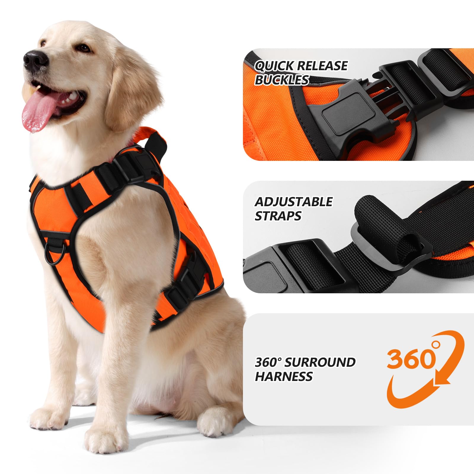 Wingoin Orange Tactical Dog Harness Vest For Large Medium Dogs No Pull Adjustable Reflective K9 Military Dog Service Dog Harnesses With Handle For Walking, Hiking, Training(M)