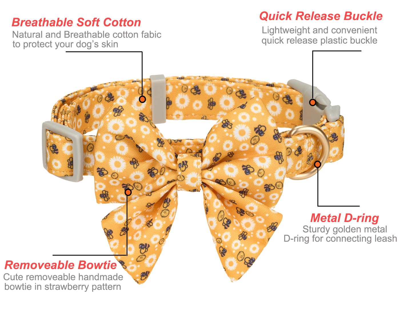 Ewinoom Bowtie Dog Collar Adjustable Soft Cotton Dog Collars In Cute Bee Pattern,For Small Medium Large Boy & Girl Dogs,Yellow B