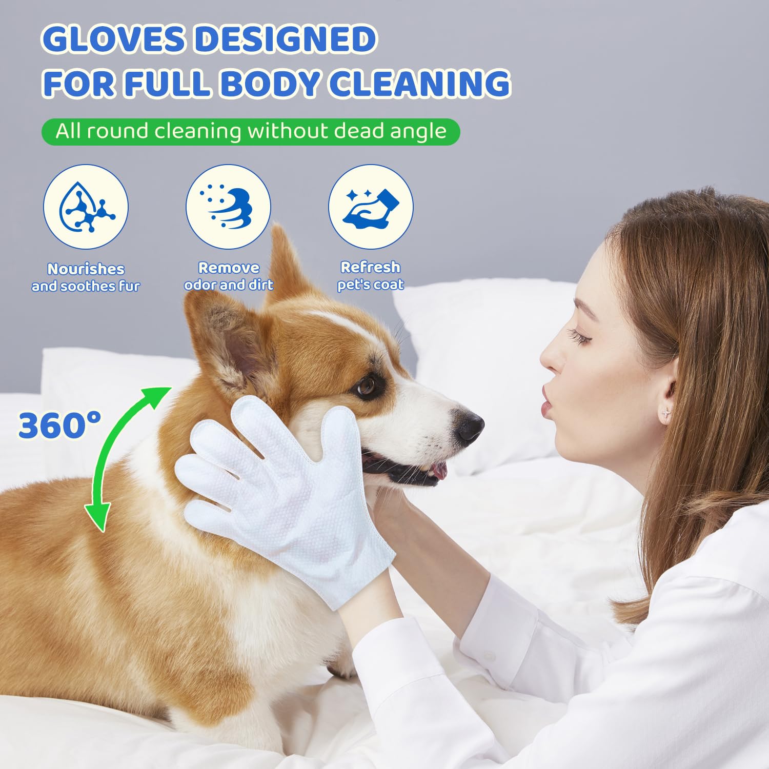 Voisen 8 Pcs Pet Glove Wipes For Dogs And Cats, Cleaning & Deodorizing Bathing Grooming Wipes,Unscented Thick Nourish Fur Glove