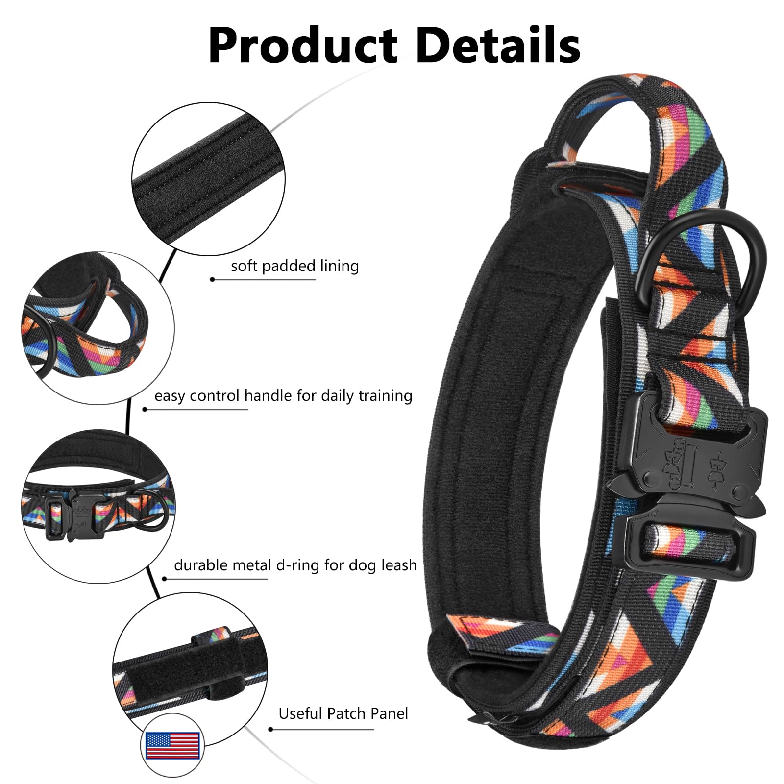 Daganxi Tactical Dog Collar, Adjustable Military Training Nylon Dog Collar With Control Handle And Heavy Metal Buckle For Medium And Large Dogs, With Patches And Airtags Case (Xl, Colorful Triangle)