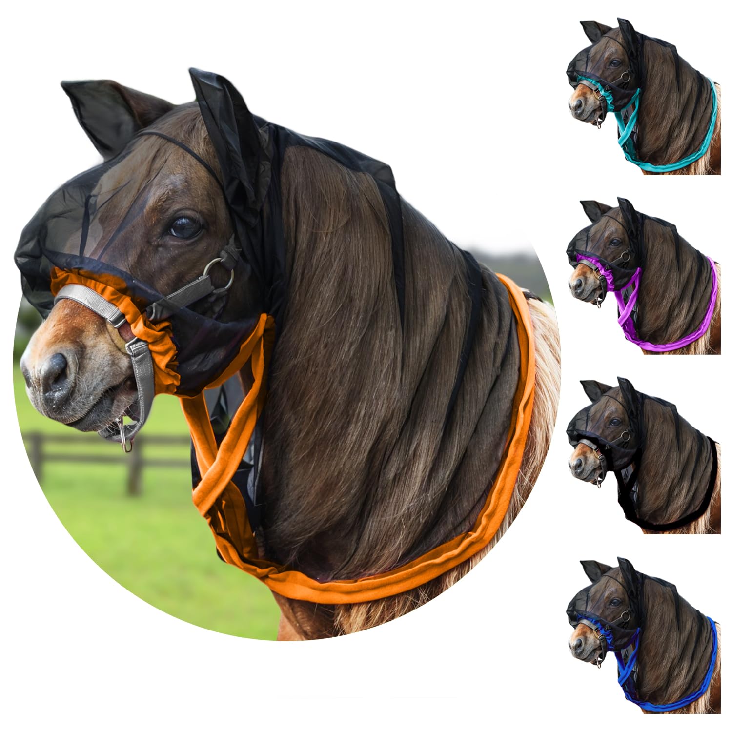 Full Horse Fly Mask with Ears - Orange Full Hoodie Pony/Cobb/Arabian Nose-to-Wither Fly Masks for Horses with Ears Horse Mask wi
