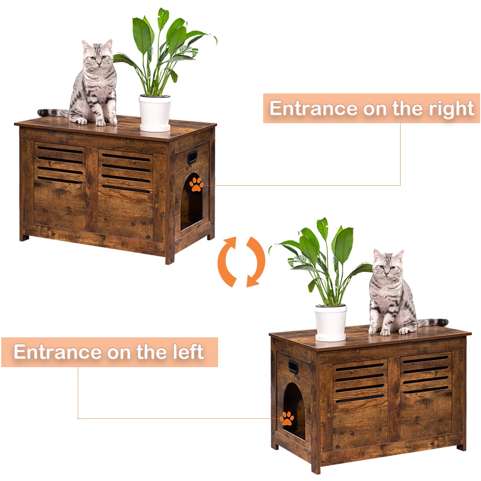 Dinzi Lvj Litter Box Furniture, Flip Top Hidden Cat Washroom With Louvered Window, Entrance Can Be On Left/Right Side, Enclosed Cat Litter House Side Table For Most Of Cat And Litter Box, Rustic Brown