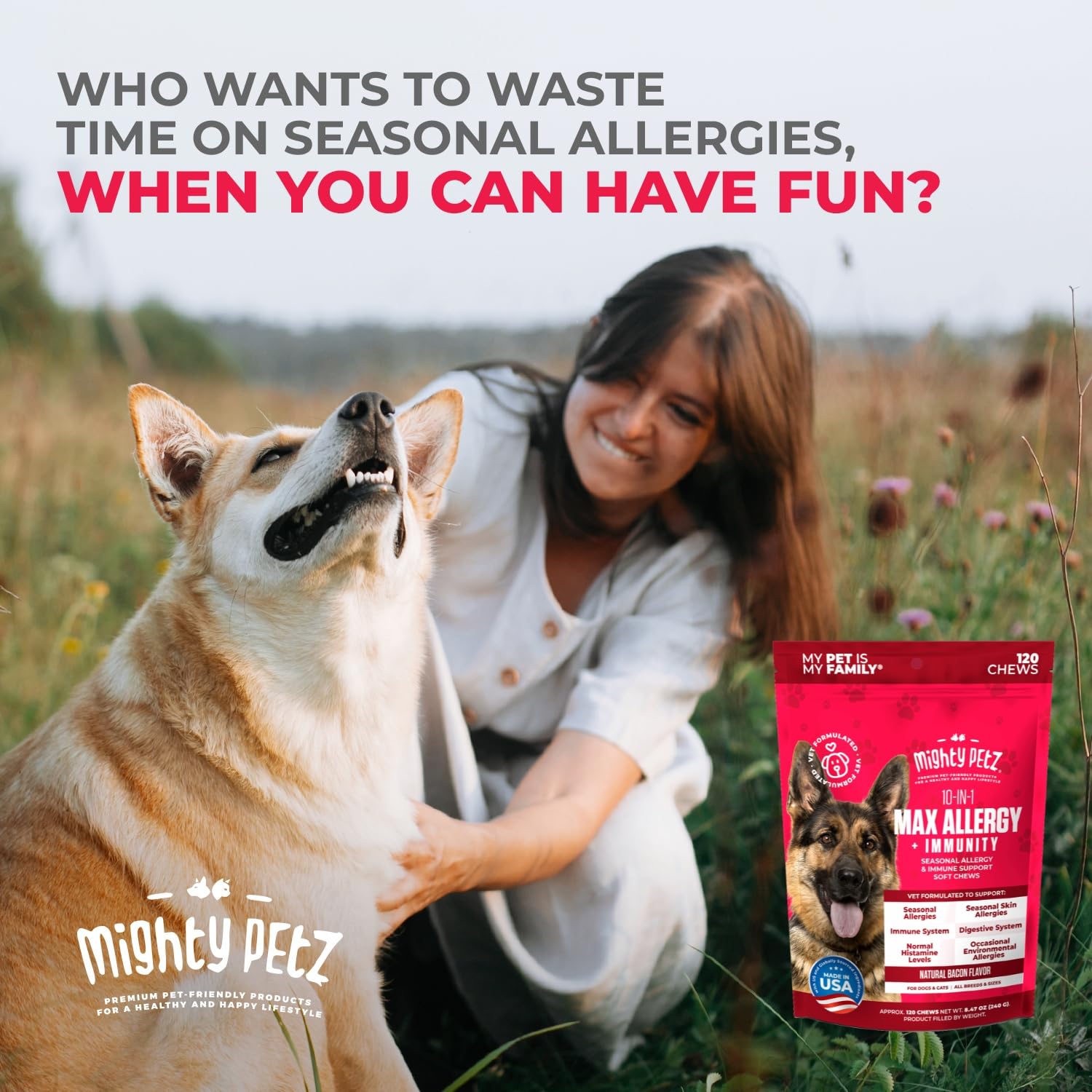 Mighty Petz MAX Dog Allergy Relief Chews - Itch Relief & Immune Support for Dogs, Seasonal Allergies, Model 21-0014