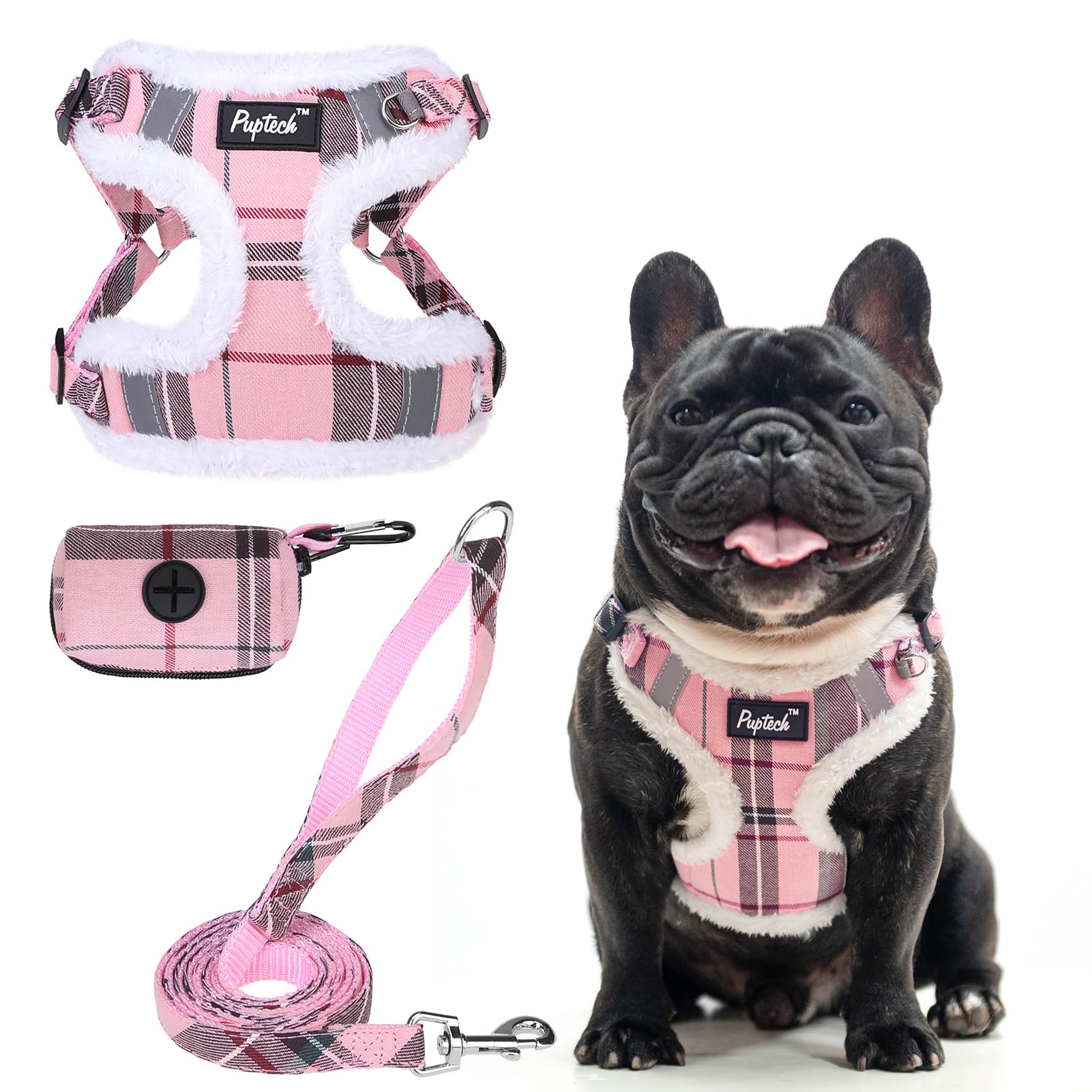 PUPTECK No Pull Dog Harness and Leash Set Reflective No Choke Step in Puppy Halter for XS Small and Medium Sized Dogs, Pink Plai